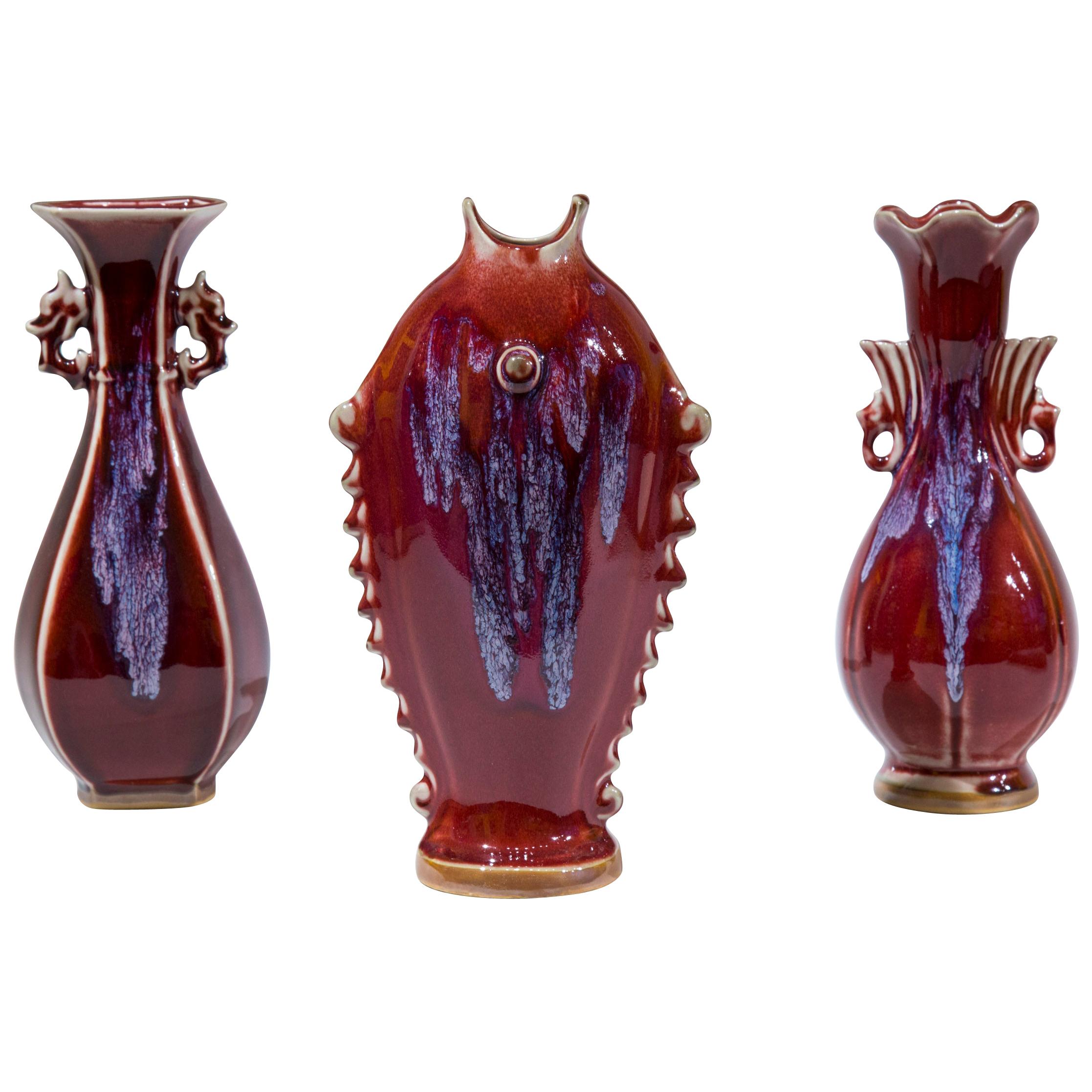 Three Chinese Flambe Glazed Vases