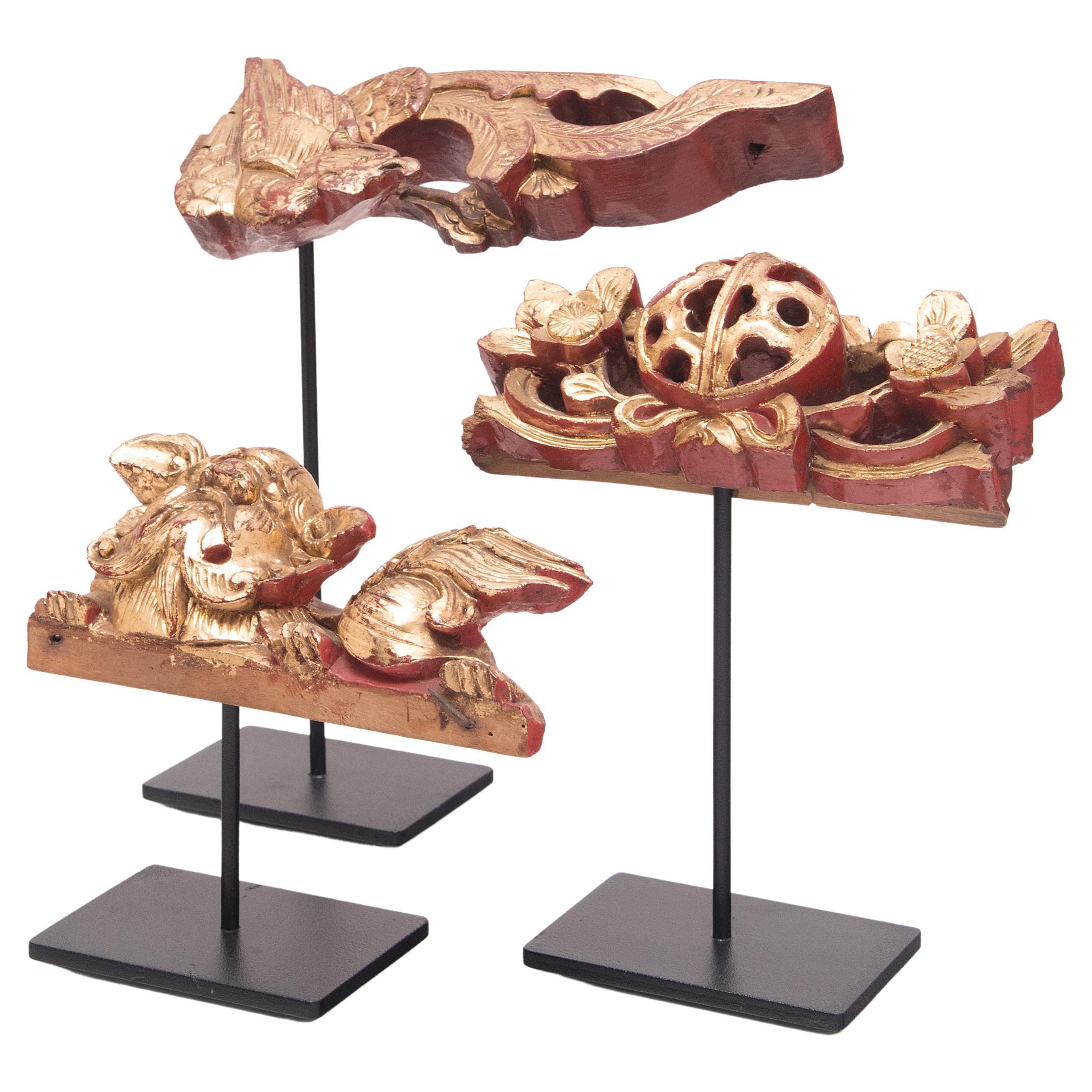 Set of Three Chinese Gilt Fragments, c. 1850 For Sale