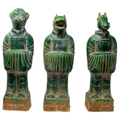 Set of Three Chinese Mythological Gods in Green Glazed Terracotta