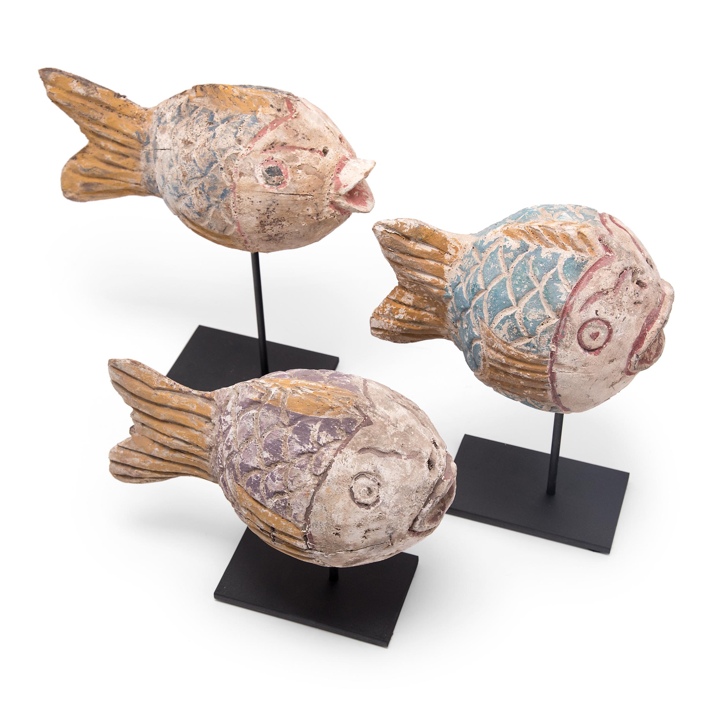 Rustic Set of Three Chinese Painted Lucky Fish