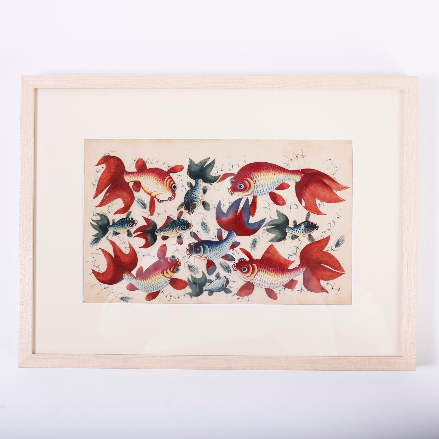 Chinoiserie Set of Three Chinese Pith Paintings of Fish For Sale