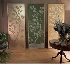 Set of Three Chinoiserie Paintings, Watercolors on Silk and Gilded Paper