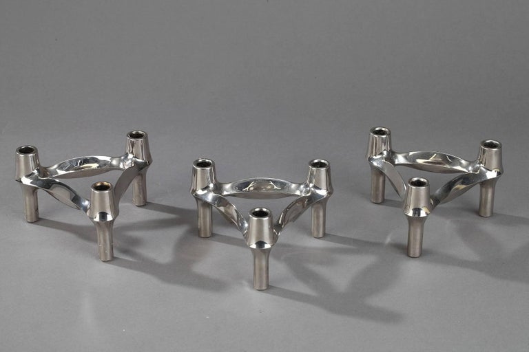 Set of Three Chrome-Plated Metal Candlesticks by BMF For Sale at 1stDibs