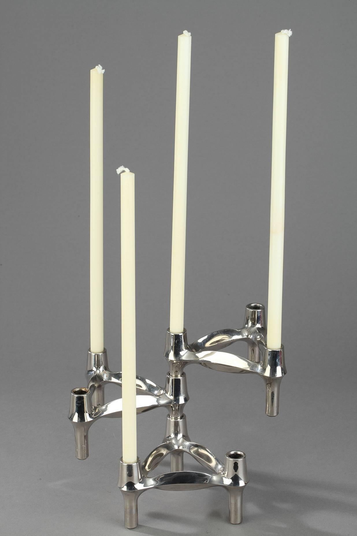 Mid-Century Modern Set of Three Chrome-Plated Metal Candlesticks by BMF For Sale