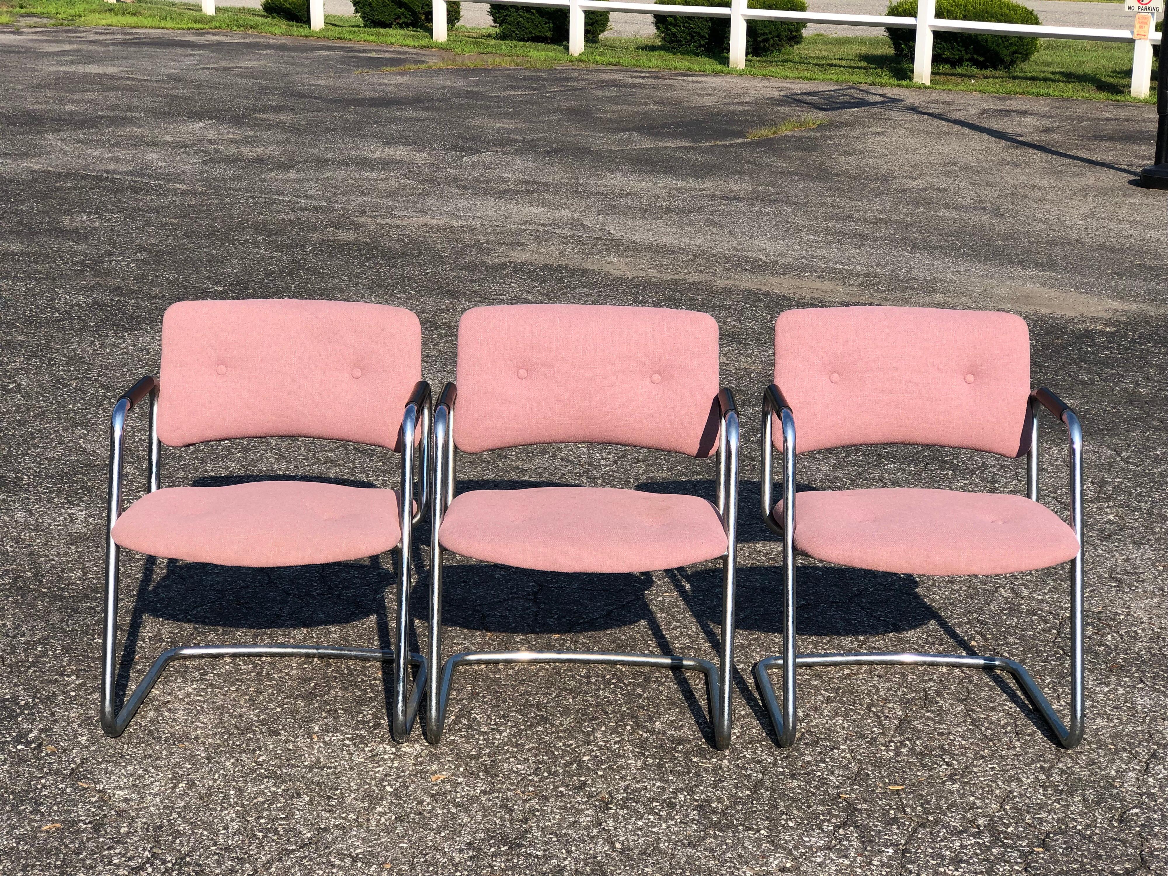 Mid-Century Modern Set of Three Chrome Steelcase Chairs in Plum