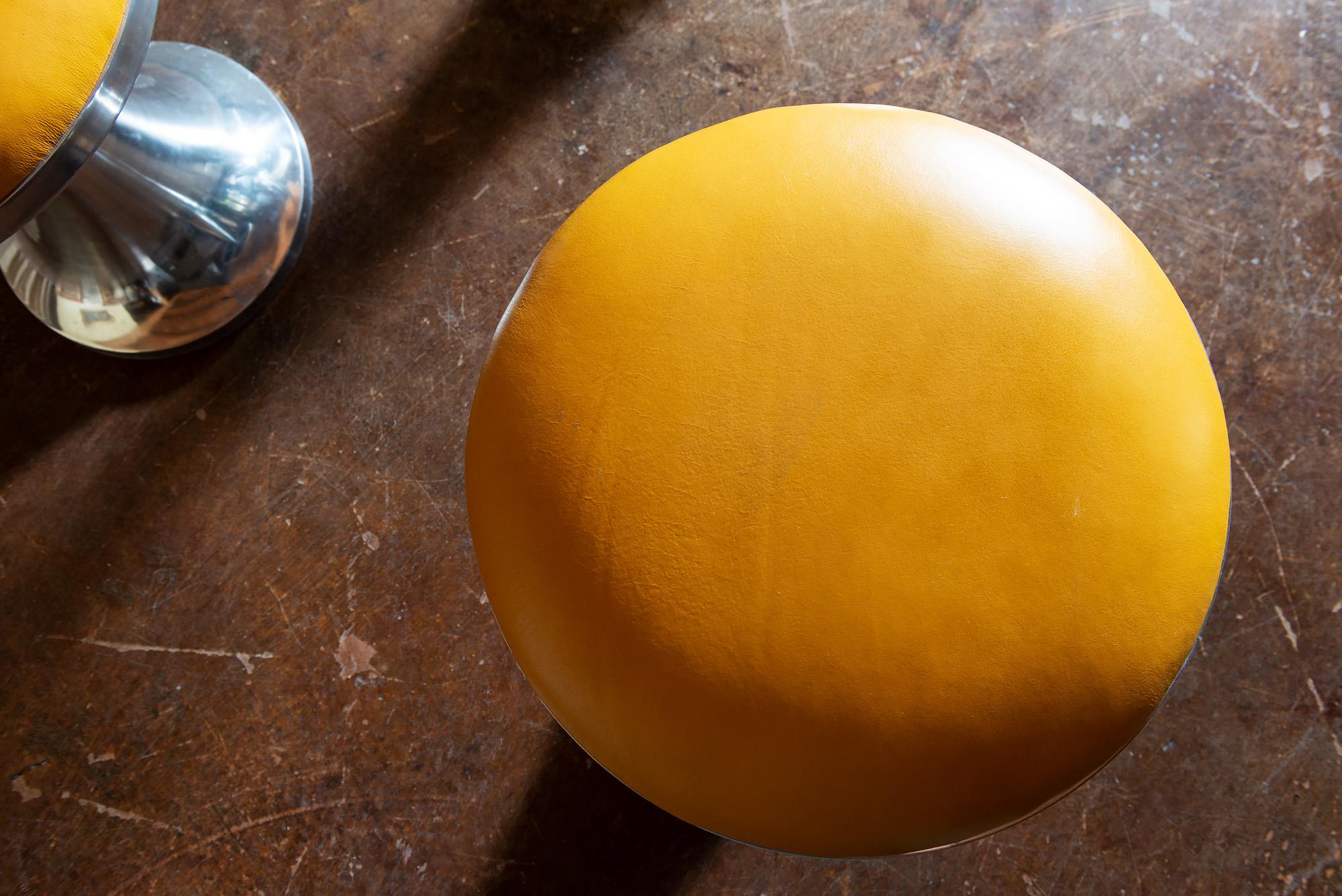 American Pair of Chrome Stools with Ochre Leather Seats, 1970s