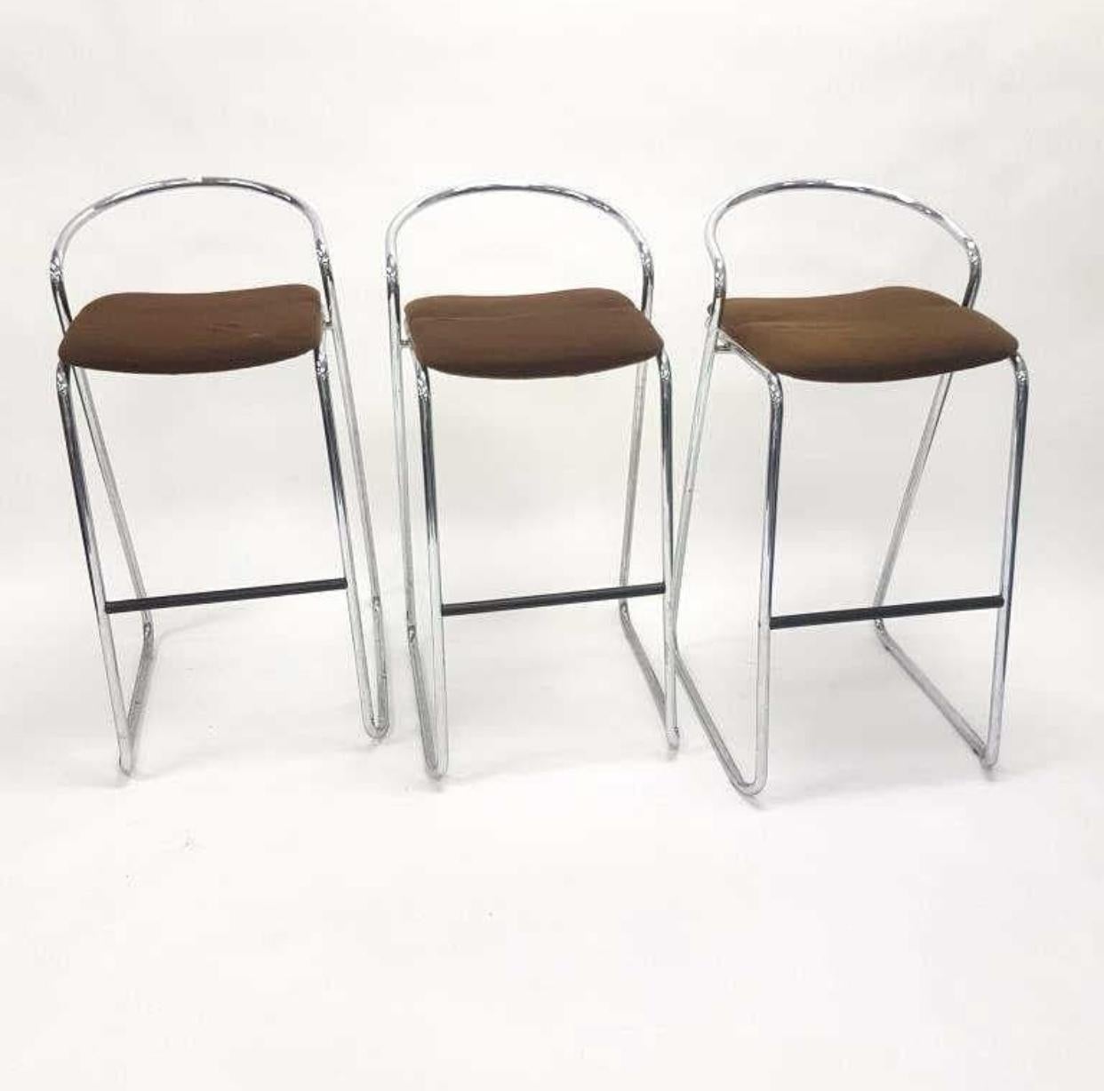 Mid-Century Modern Set of Three Chromed Steel Barstools by Hank Löwenstein  For Sale