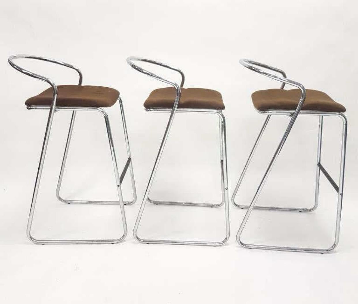Set of Three Chromed Steel Barstools by Hank Löwenstein  For Sale 1