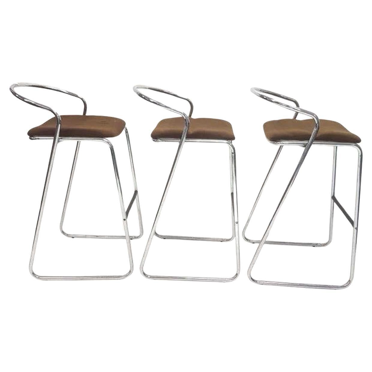 Set of Three Chromed Steel Barstools by Hank Löwenstein