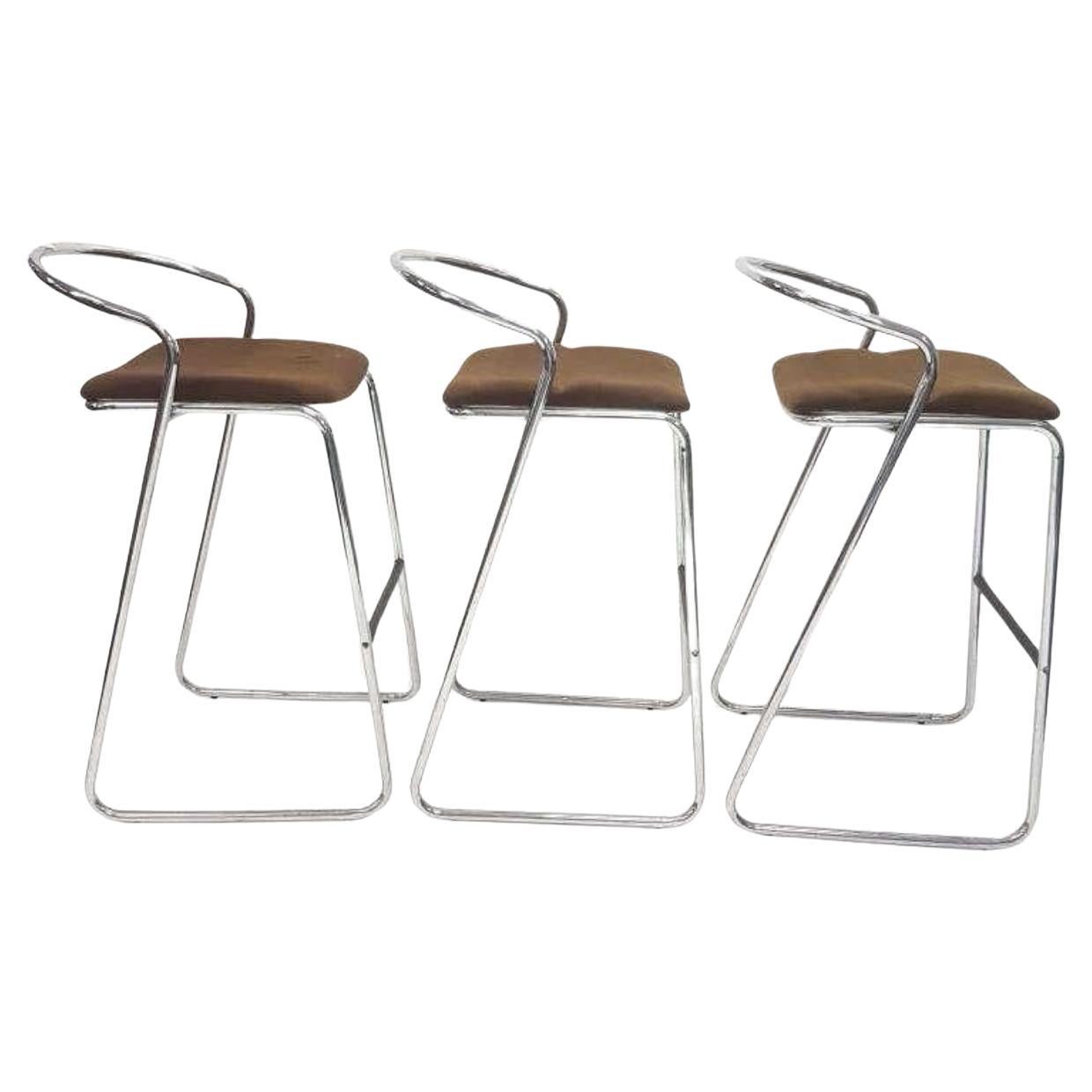 Set of Three Chromed Steel Barstools by Hank Löwenstein  For Sale