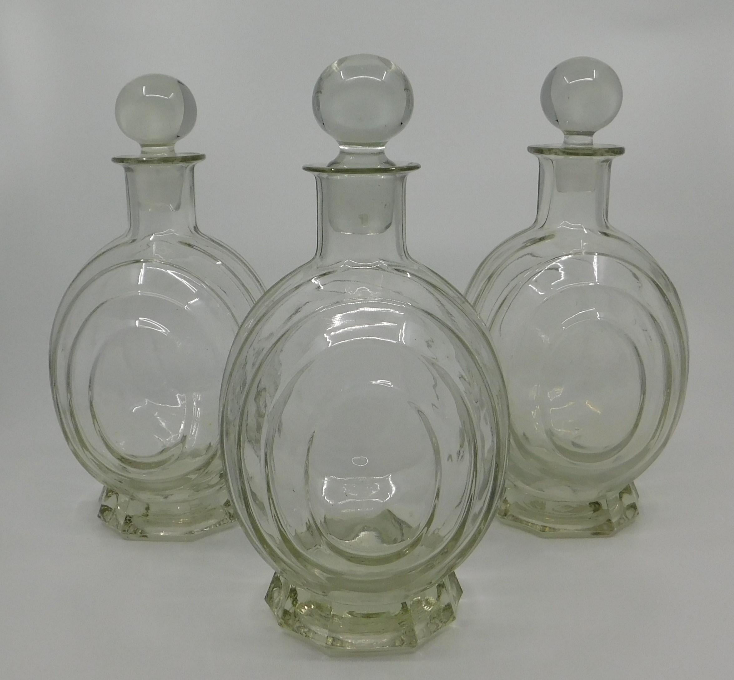 20th Century Set of Three circa 1930 Art Deco French Clear Glass Liquor Decanter Bottles