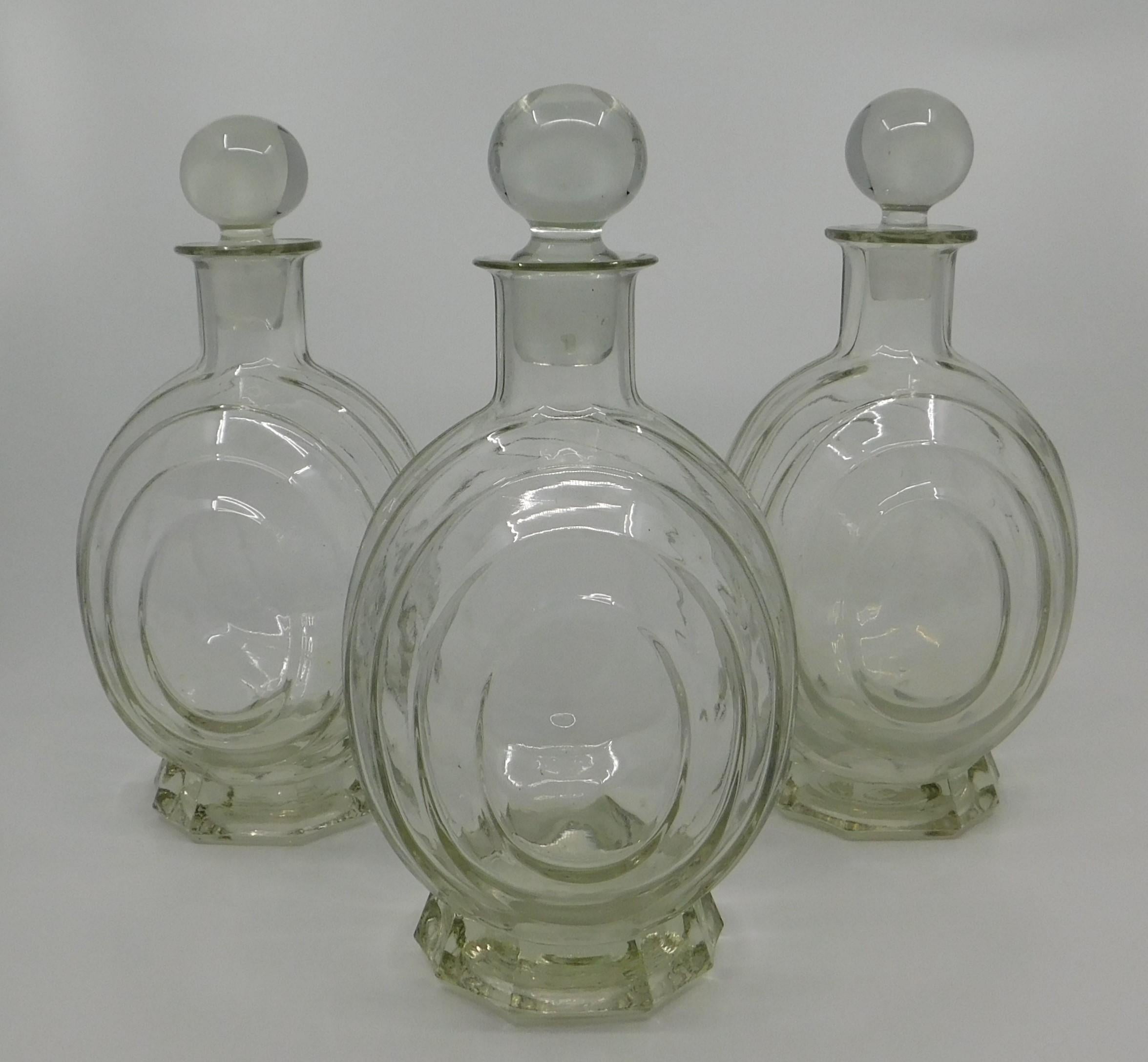 20th Century Set of Three circa 1930 Art Deco French Clear Glass Liquor Decanter Bottles