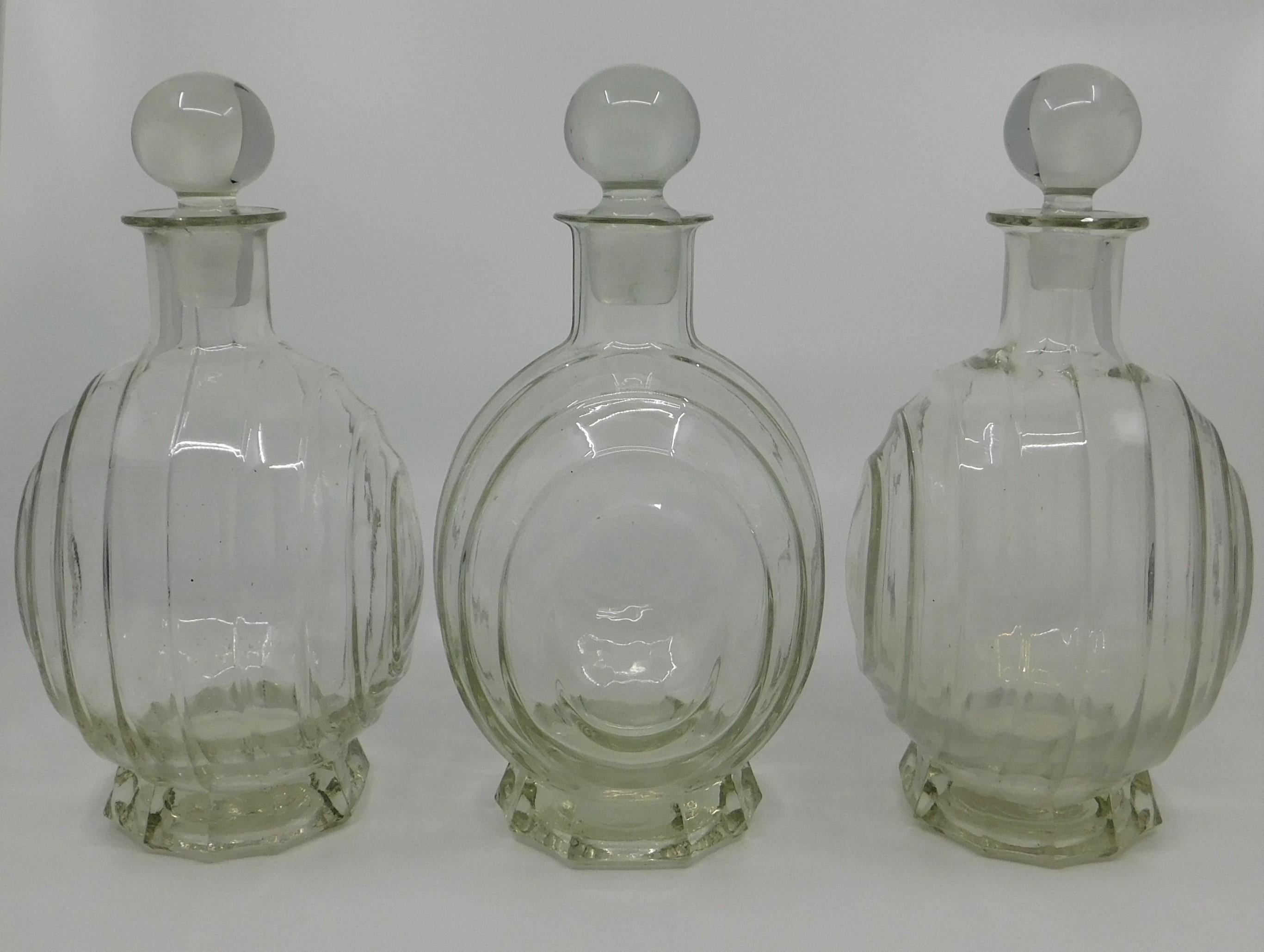 Set of Three circa 1930 Art Deco French Clear Glass Liquor Decanter Bottles 1