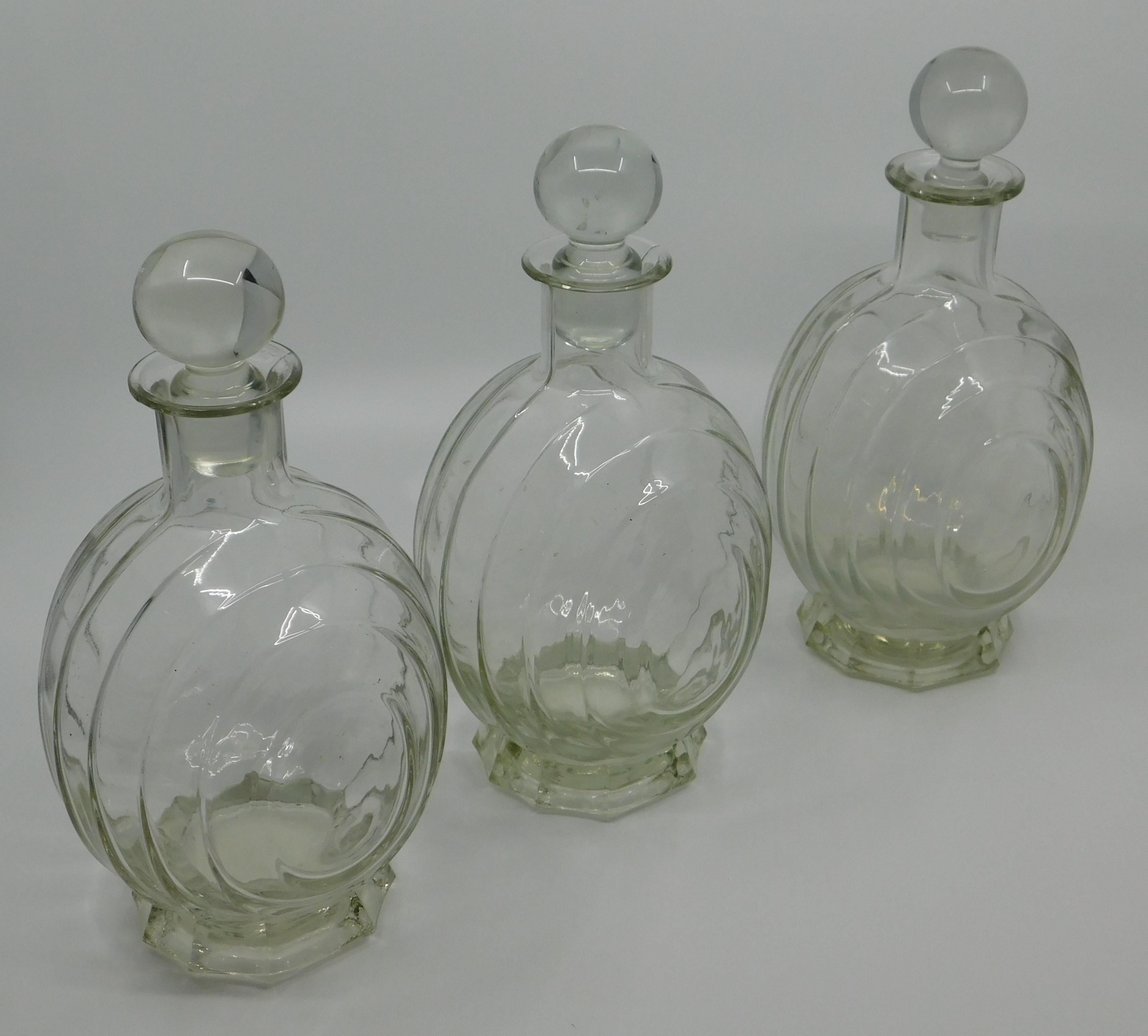 Set of Three circa 1930 Art Deco French Clear Glass Liquor Decanter Bottles 2