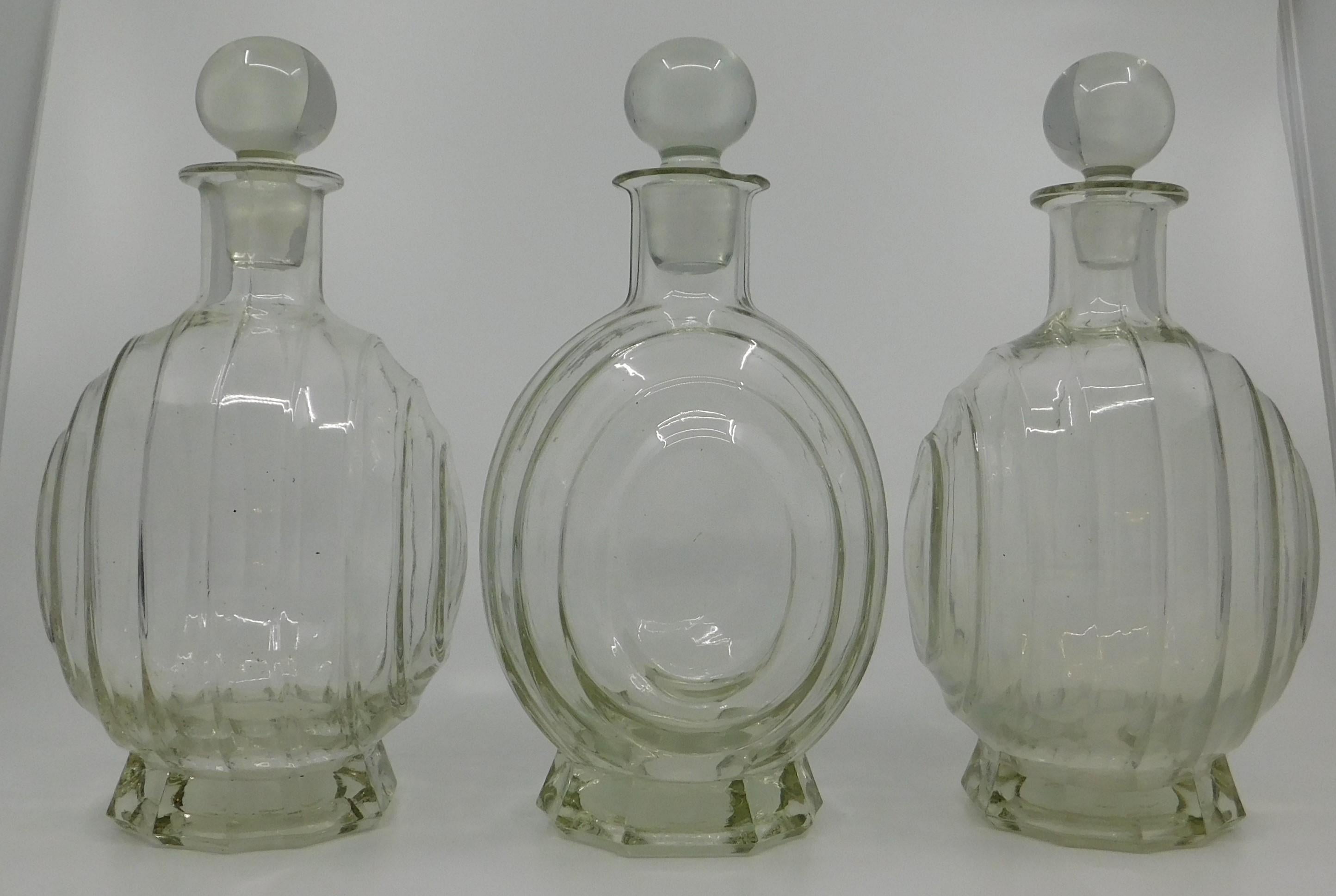 Set of Three circa 1930 Art Deco French Clear Glass Liquor Decanter Bottles 3