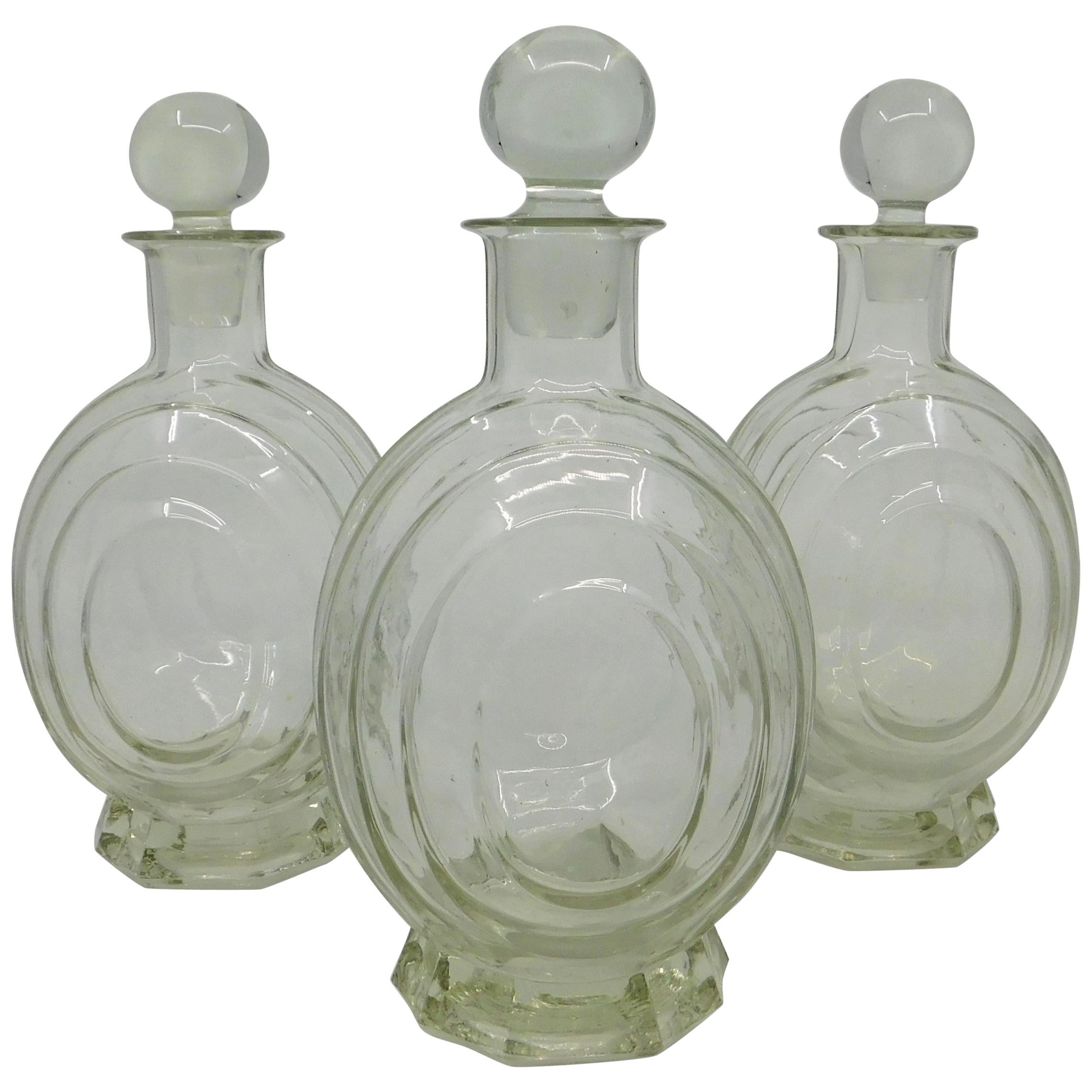 Set of Three circa 1930 Art Deco French Clear Glass Liquor Decanter Bottles