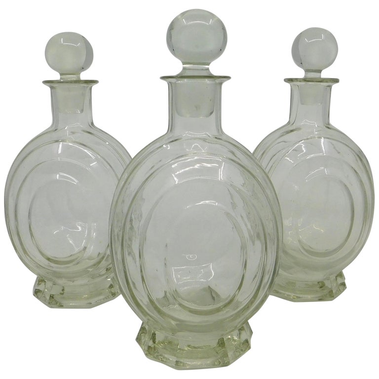 Set of Three circa 1930 Art Deco French Clear Glass Liquor Decanter Bottles at 1stDibs