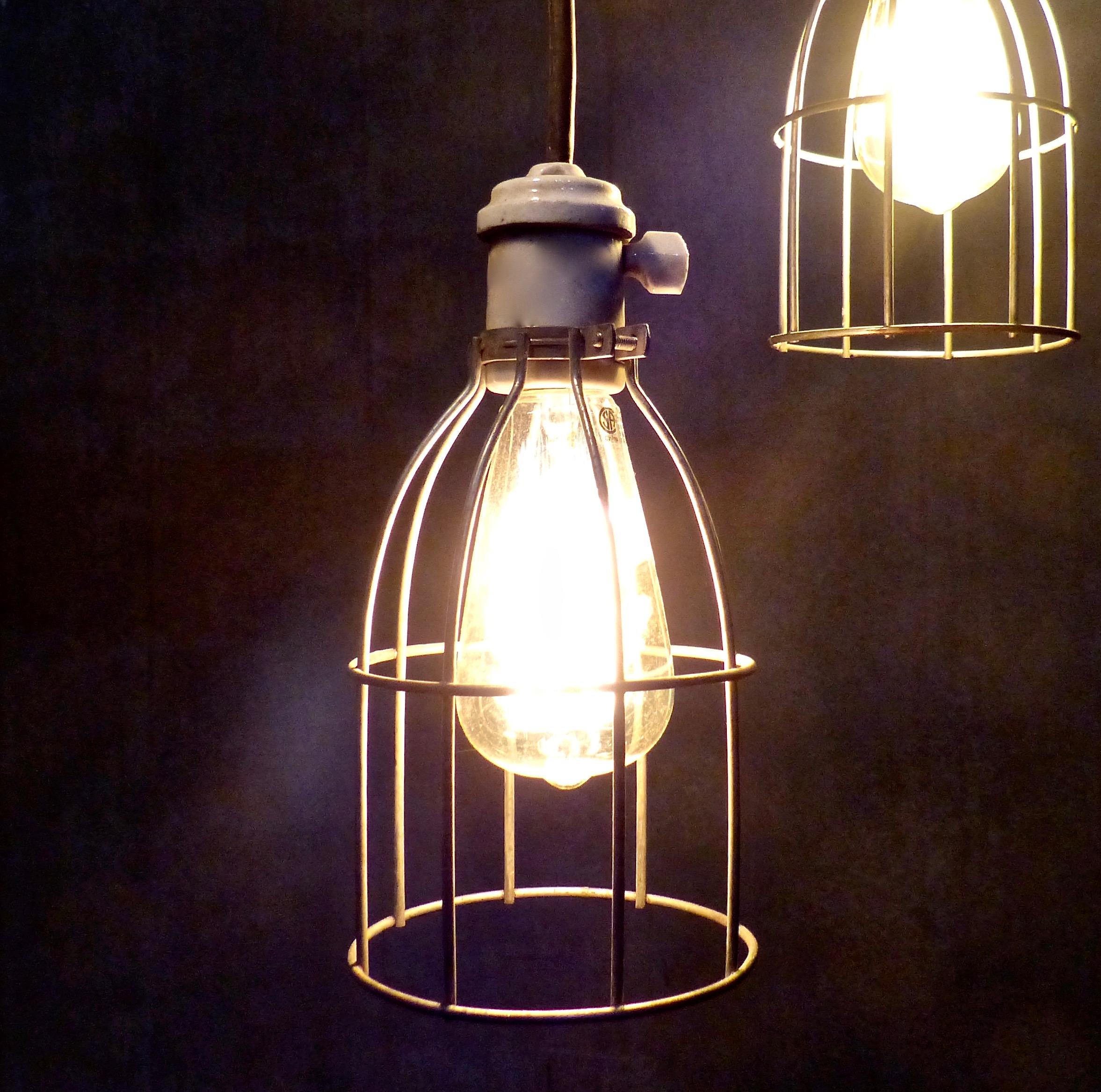 Set of Three circa 1930 Caged Industrial Lights In Good Condition In Surrey, BC