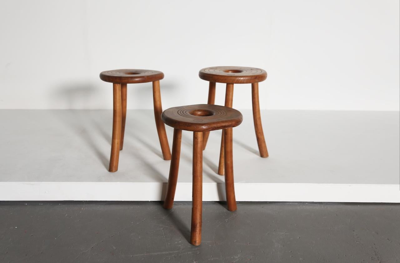 Wood Set of Three Circular Stools, France, 1950s For Sale