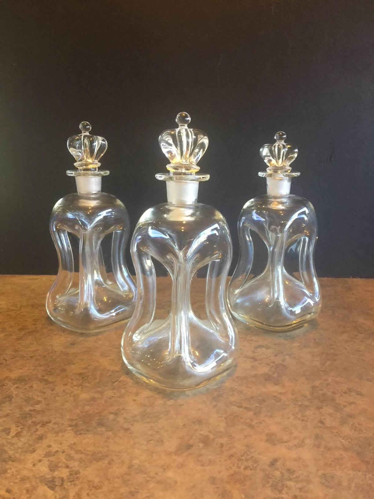 Danish Set of Three Clear Glass Elsinore Kluck-Kluck Decanters by Holmegaard