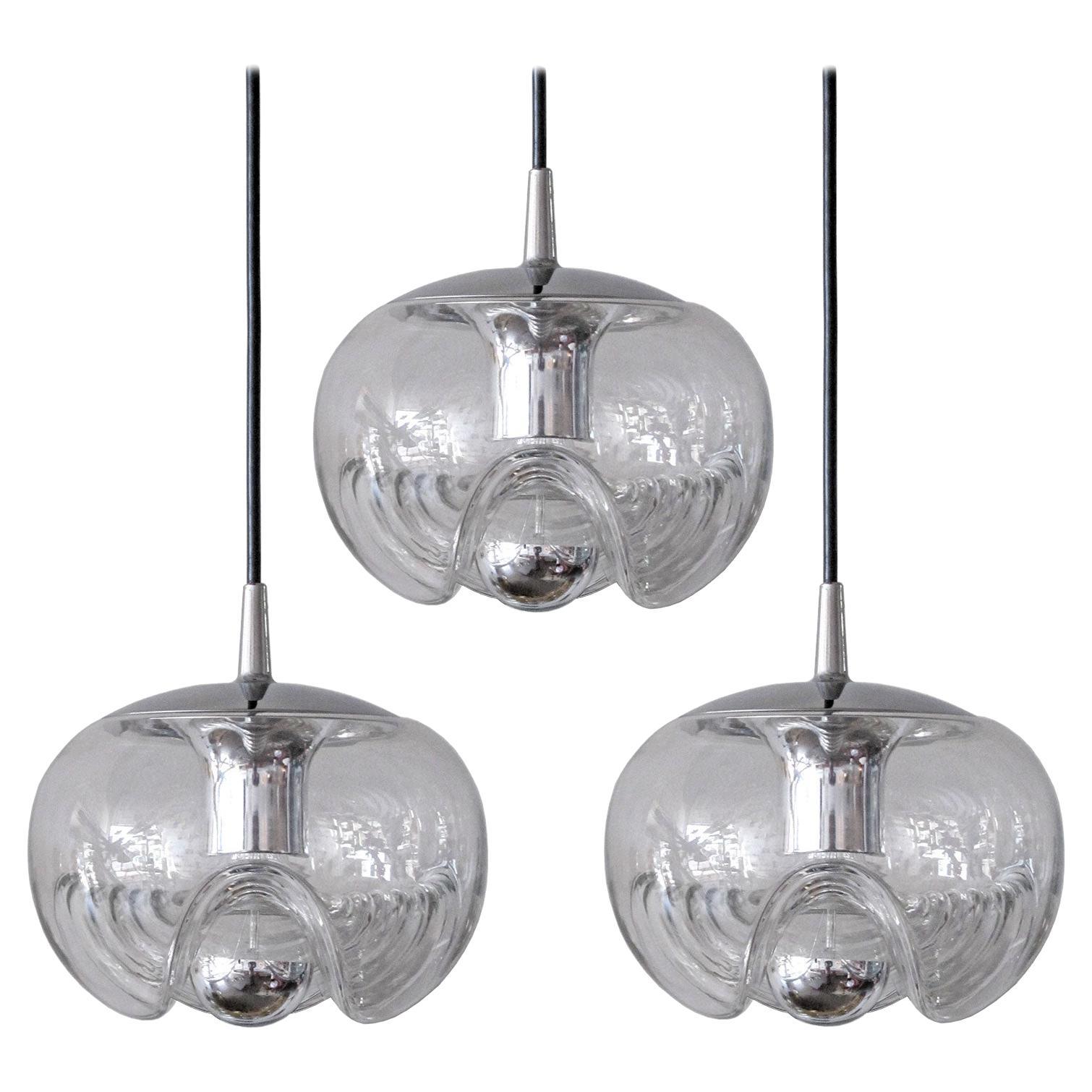 Set of Three Clear Glass Hanging Lights, 1970 For Sale