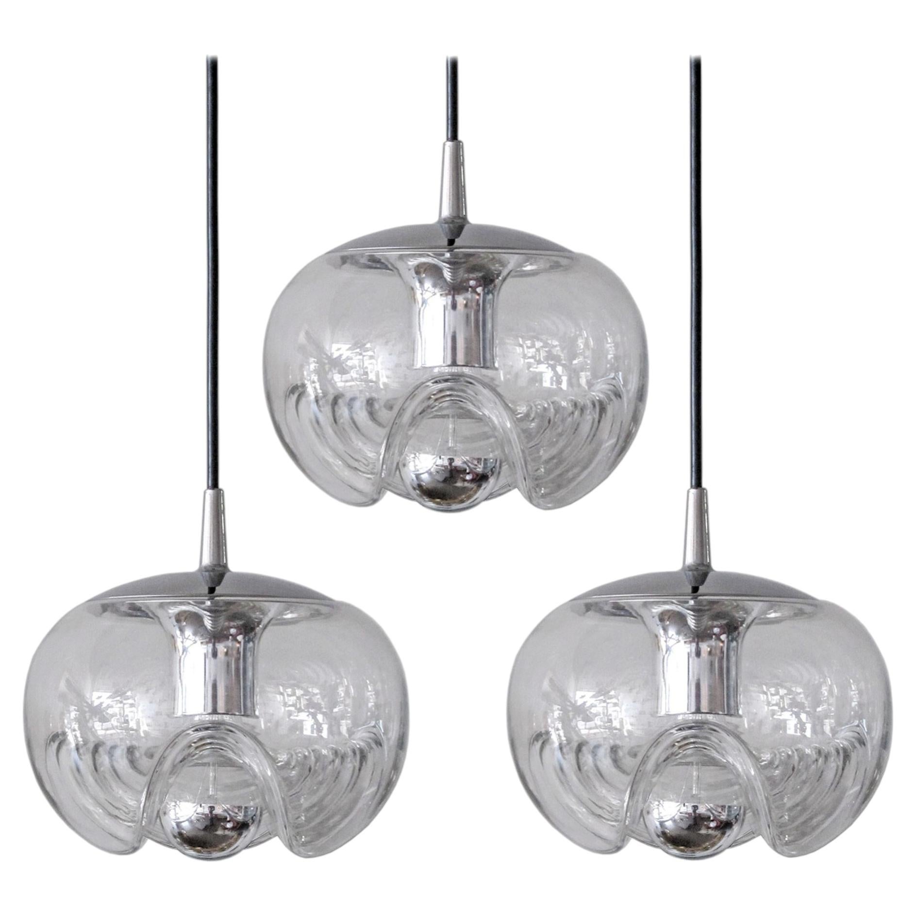 Set of Three Clear Glass Hanging Lights, 1970