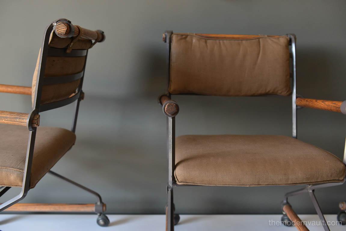 Mid-Century Modern Set of Three Cleo Baldon Custom Iron and Oak Directors Chairs, circa 1970