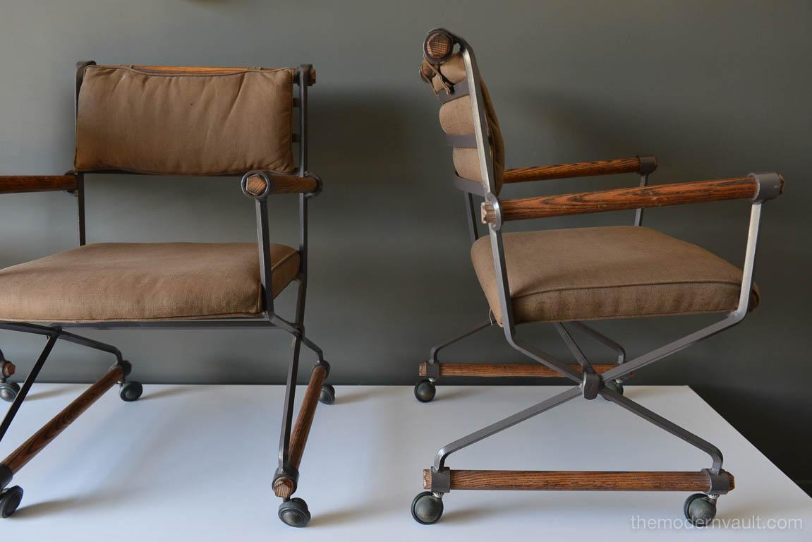 American Set of Three Cleo Baldon Custom Iron and Oak Directors Chairs, circa 1970