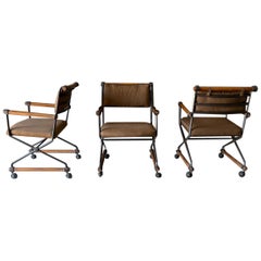 Vintage Set of Three Cleo Baldon Custom Iron and Oak Directors Chairs, circa 1970