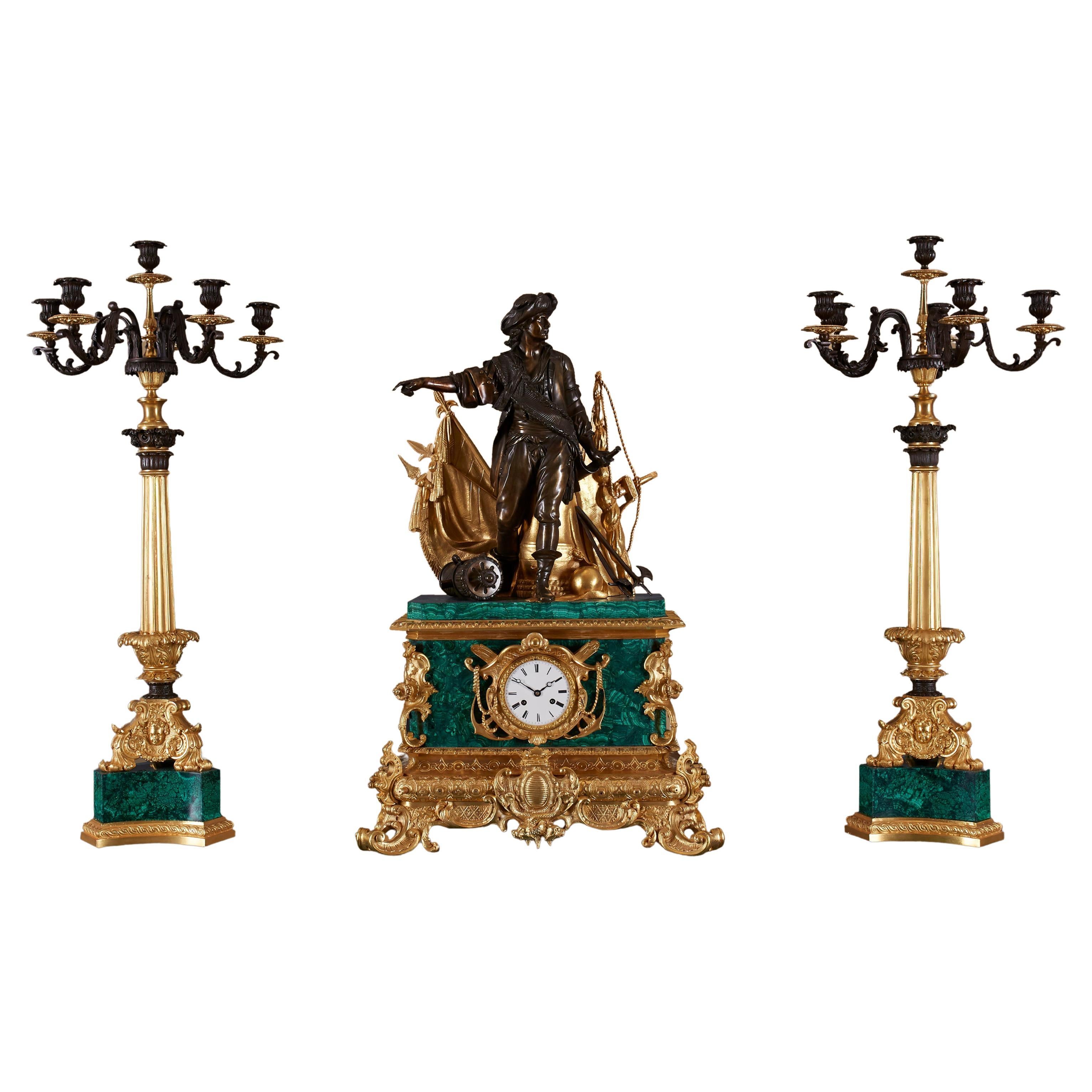 Set of three clocks and two pedestals from the 19th century. For Sale