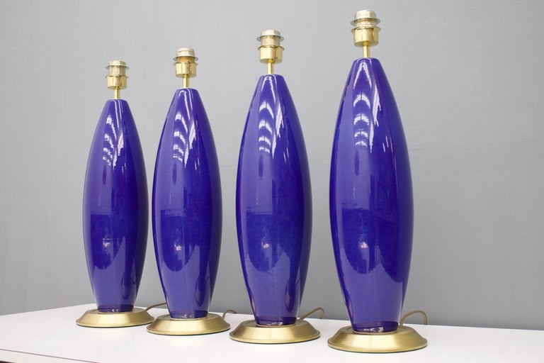 Set of Three Cobalt Blue Glass Table Lamps with Brass Base, 1970s For