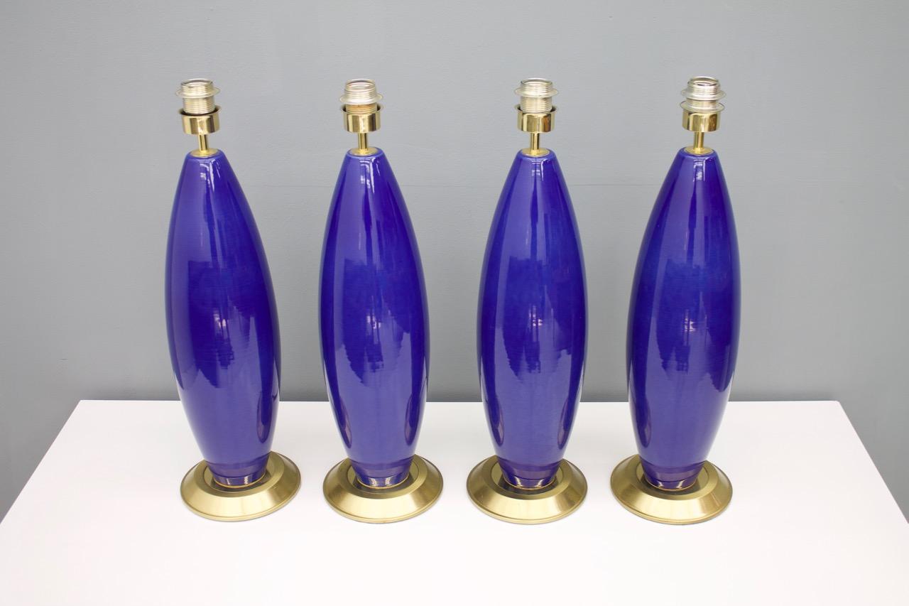 Mid-Century Modern Set of Three Cobalt Blue Glass Table Lamps with Brass Base, 1970s For Sale