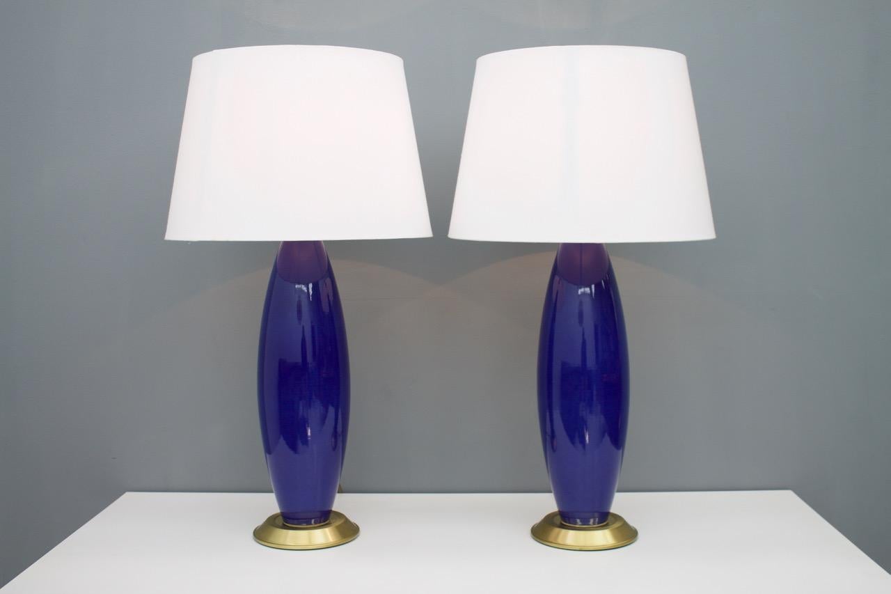European Set of Three Cobalt Blue Glass Table Lamps with Brass Base, 1970s For Sale