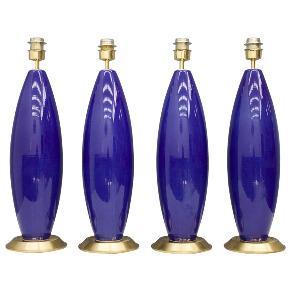 Set of Three Cobalt Blue Glass Table Lamps with Brass Base, 1970s For Sale