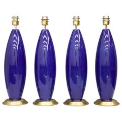 Set of Three Cobalt Blue Glass Table Lamps with Brass Base, 1970s
