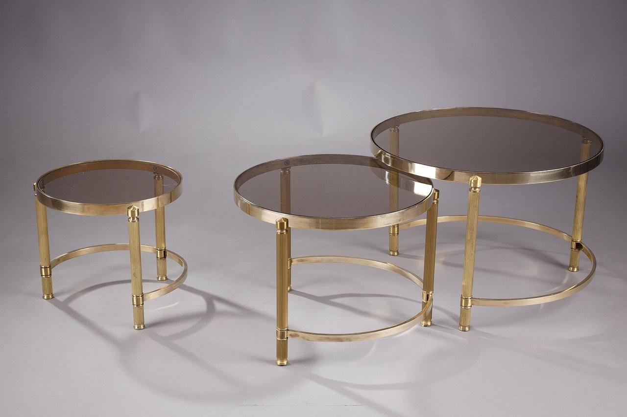 Set of Three Coffee Tables in Bronze and Smoked Glass, 70s  For Sale 2