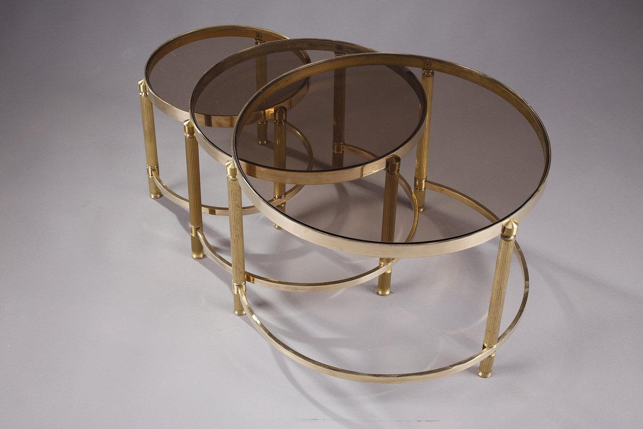 Set of Three Coffee Tables in Bronze and Smoked Glass, 70s  For Sale 6