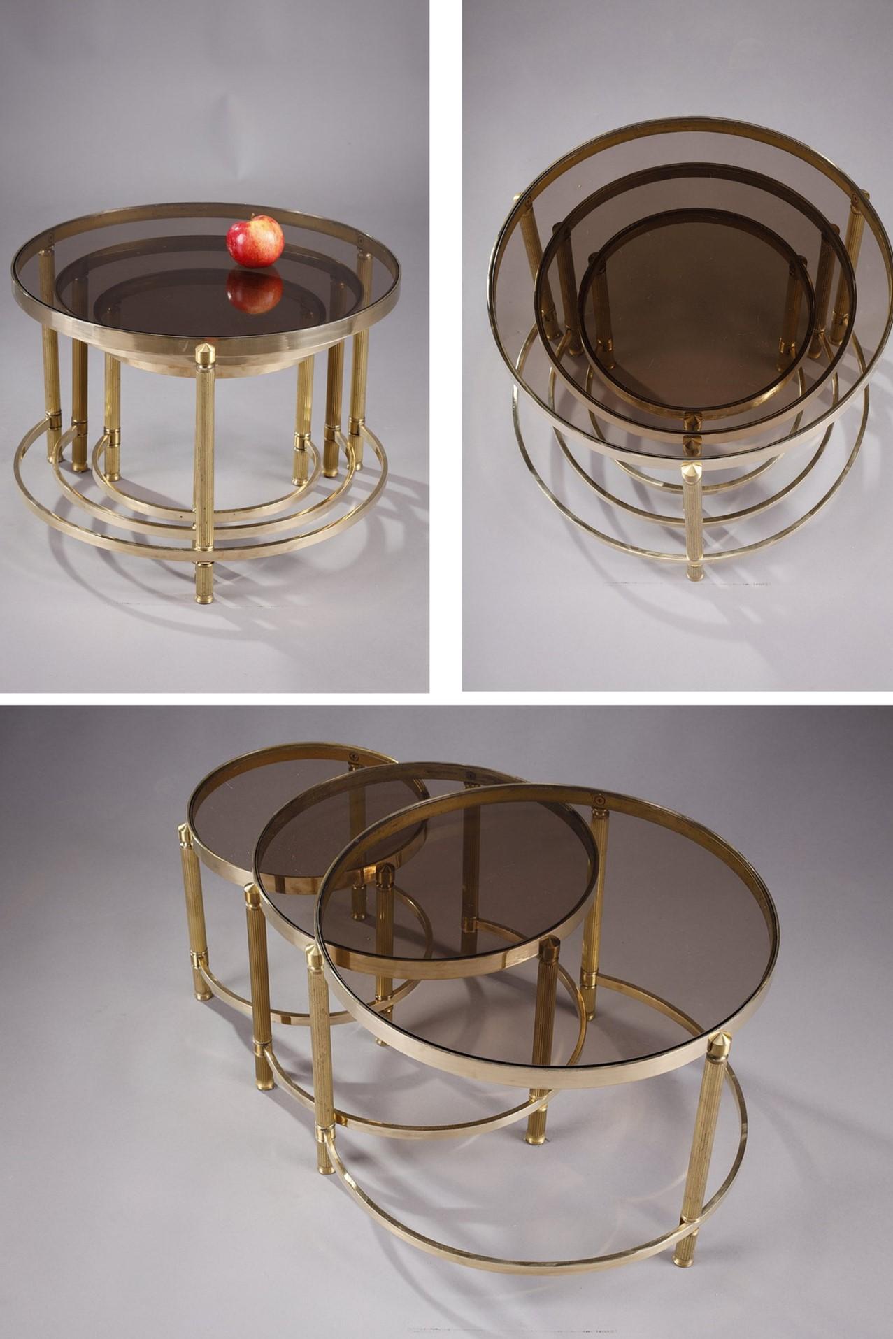 Mid-Century Modern Set of Three Coffee Tables in Bronze and Smoked Glass, 70s  For Sale
