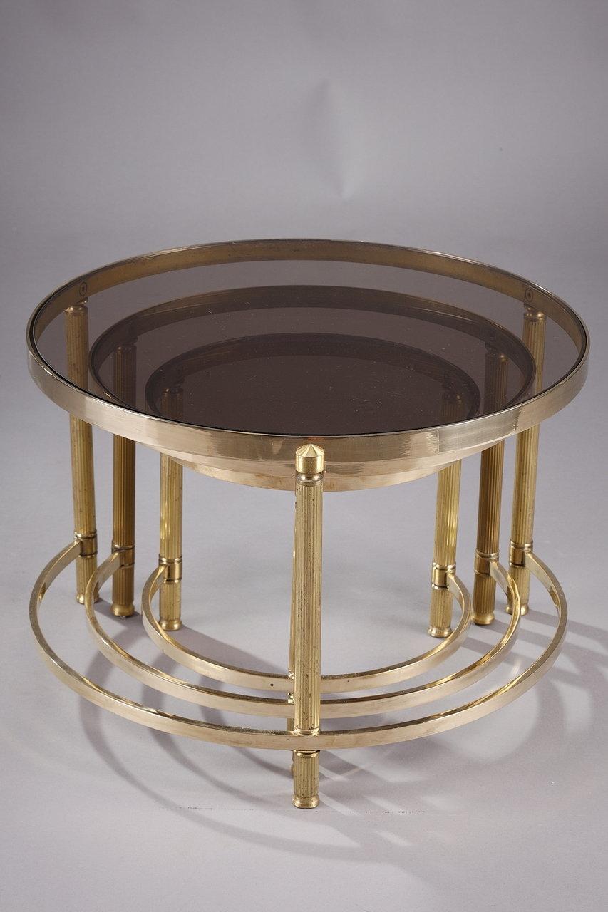 Gilt Set of Three Coffee Tables in Bronze and Smoked Glass, 70s  For Sale