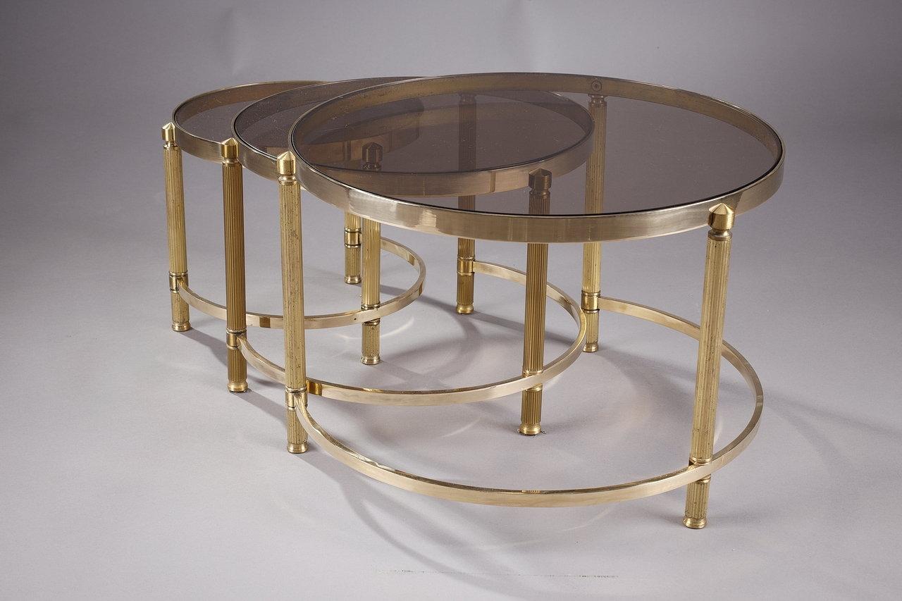 20th Century Set of Three Coffee Tables in Bronze and Smoked Glass, 70s  For Sale