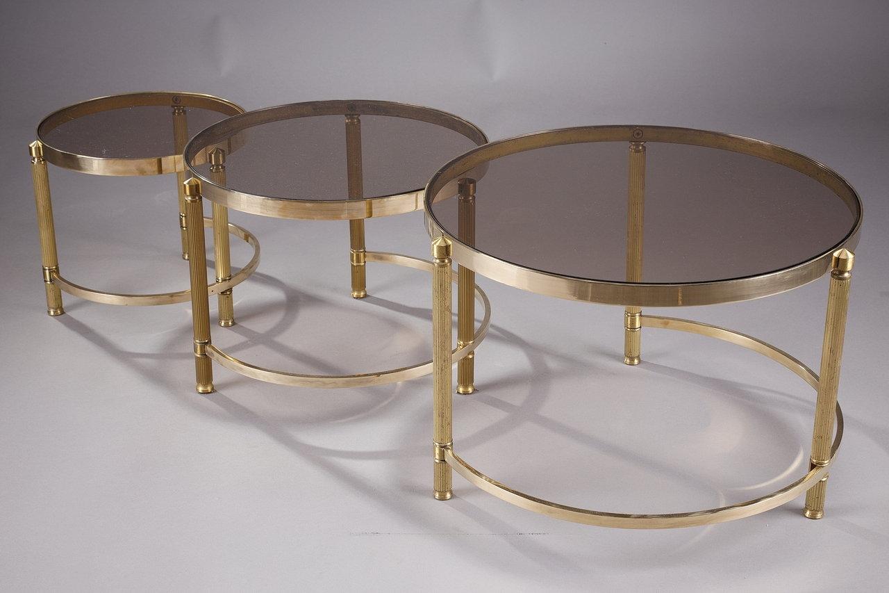 Brass Set of Three Coffee Tables in Bronze and Smoked Glass, 70s  For Sale