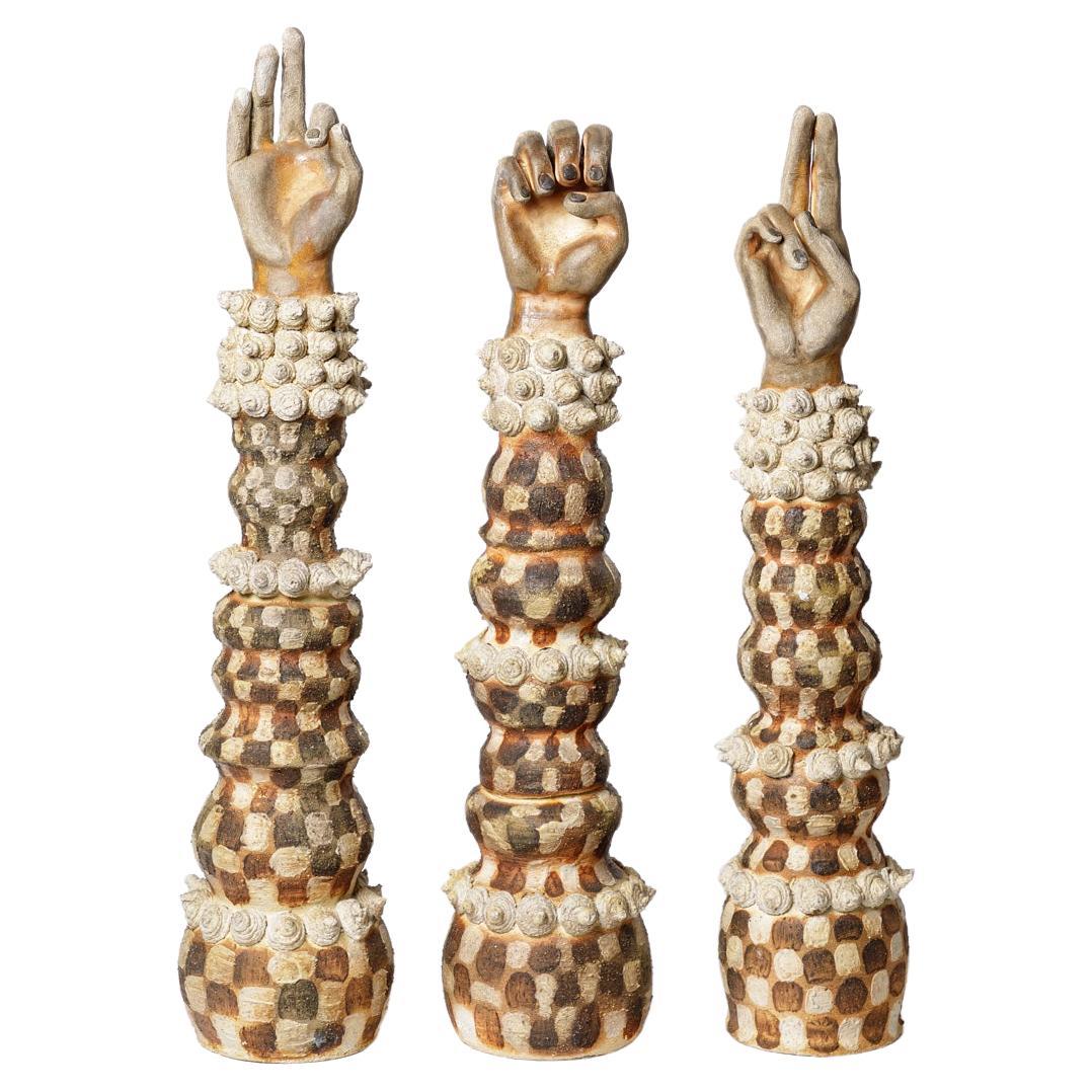 Set of three colored wood firing hand ceramic sculpture by M. Sauce FIRE 61 cm For Sale