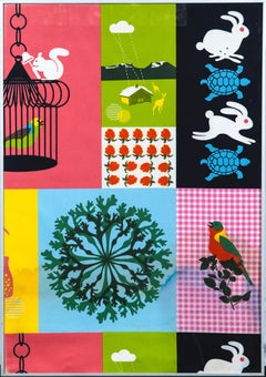 Set of Three Colorful Textile Framed Art, Whimsical Patchwork, 1970s