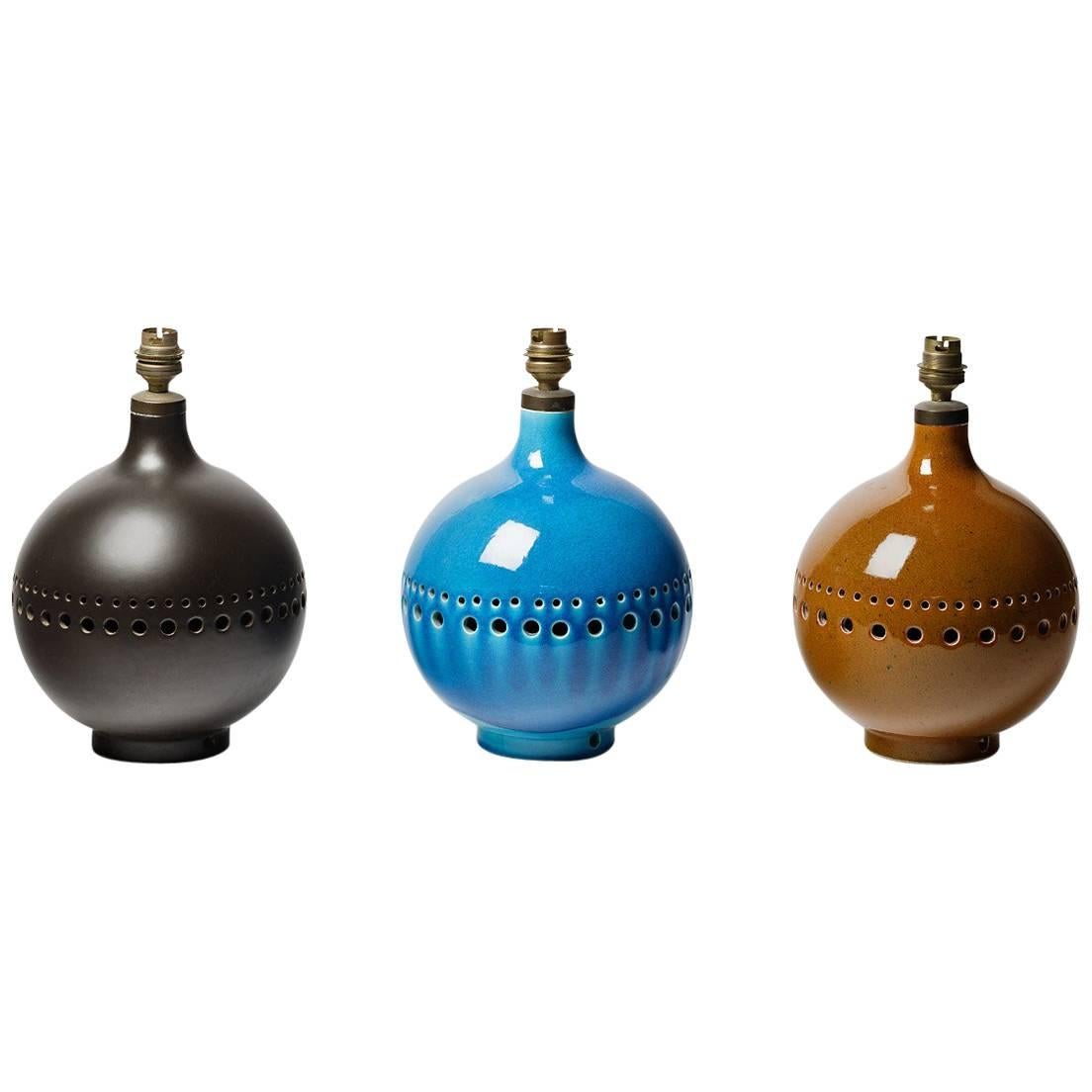 Set of Three Colors Ceramic Lamp French Grès du Marais, circa 1970 For Sale