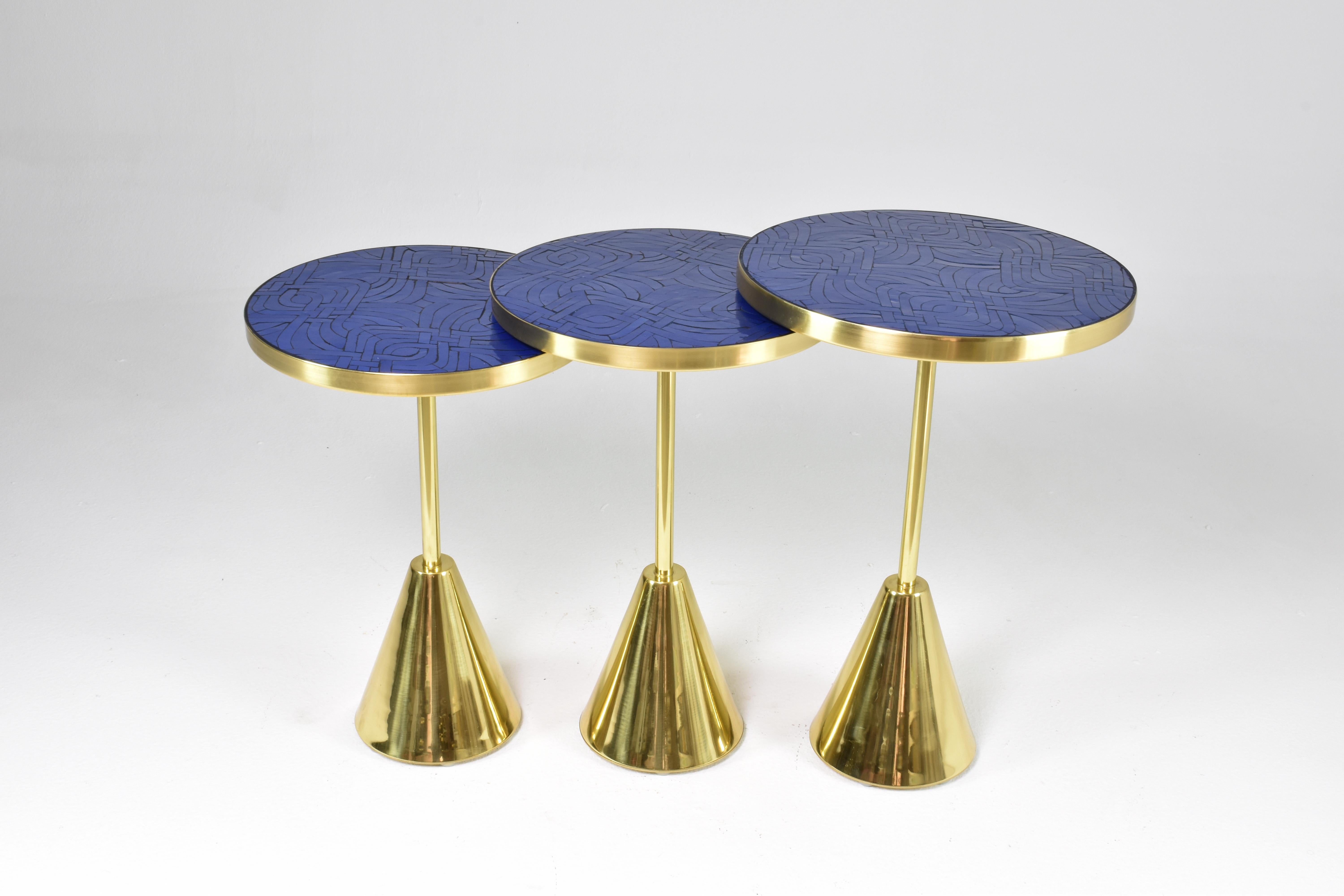 Moroccan Set of Three Contemporary Brass Mosaic Side Tables, Flow Collection For Sale