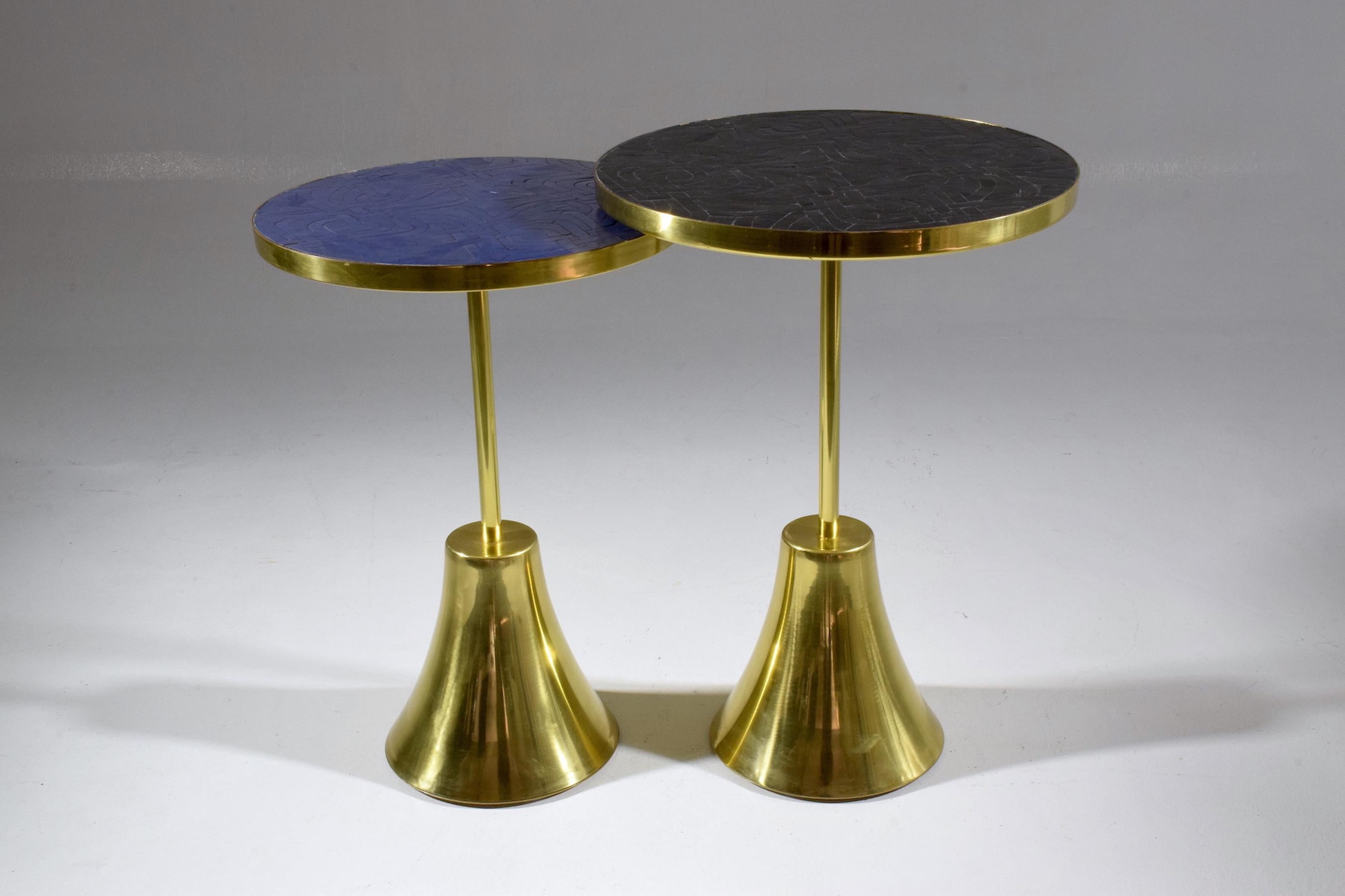 Moroccan Set of Three Contemporary Brass Mosaic Side Tables, Flow Collection For Sale