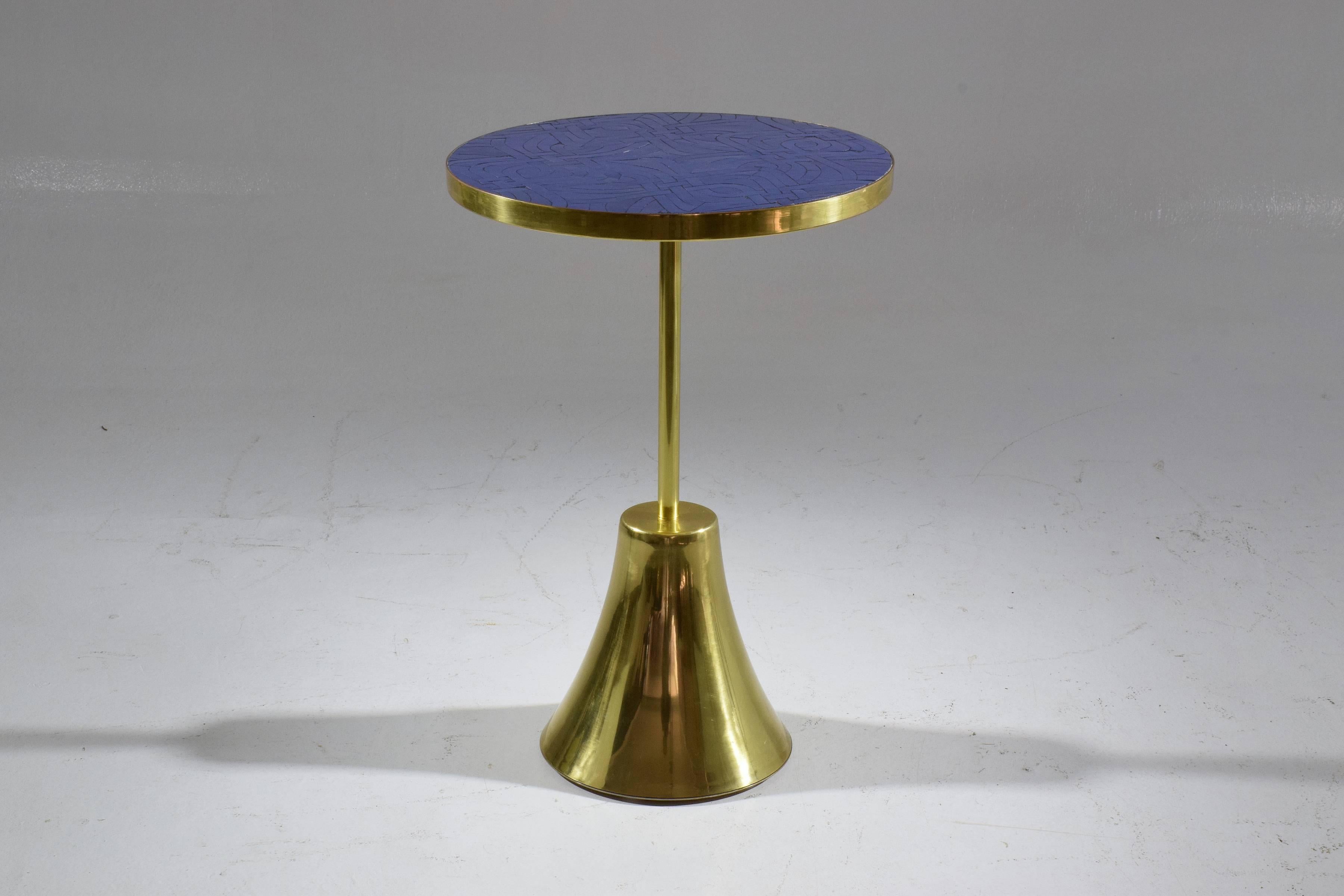 Hand-Carved Set of Three Contemporary Brass Mosaic Side Tables, Flow Collection For Sale