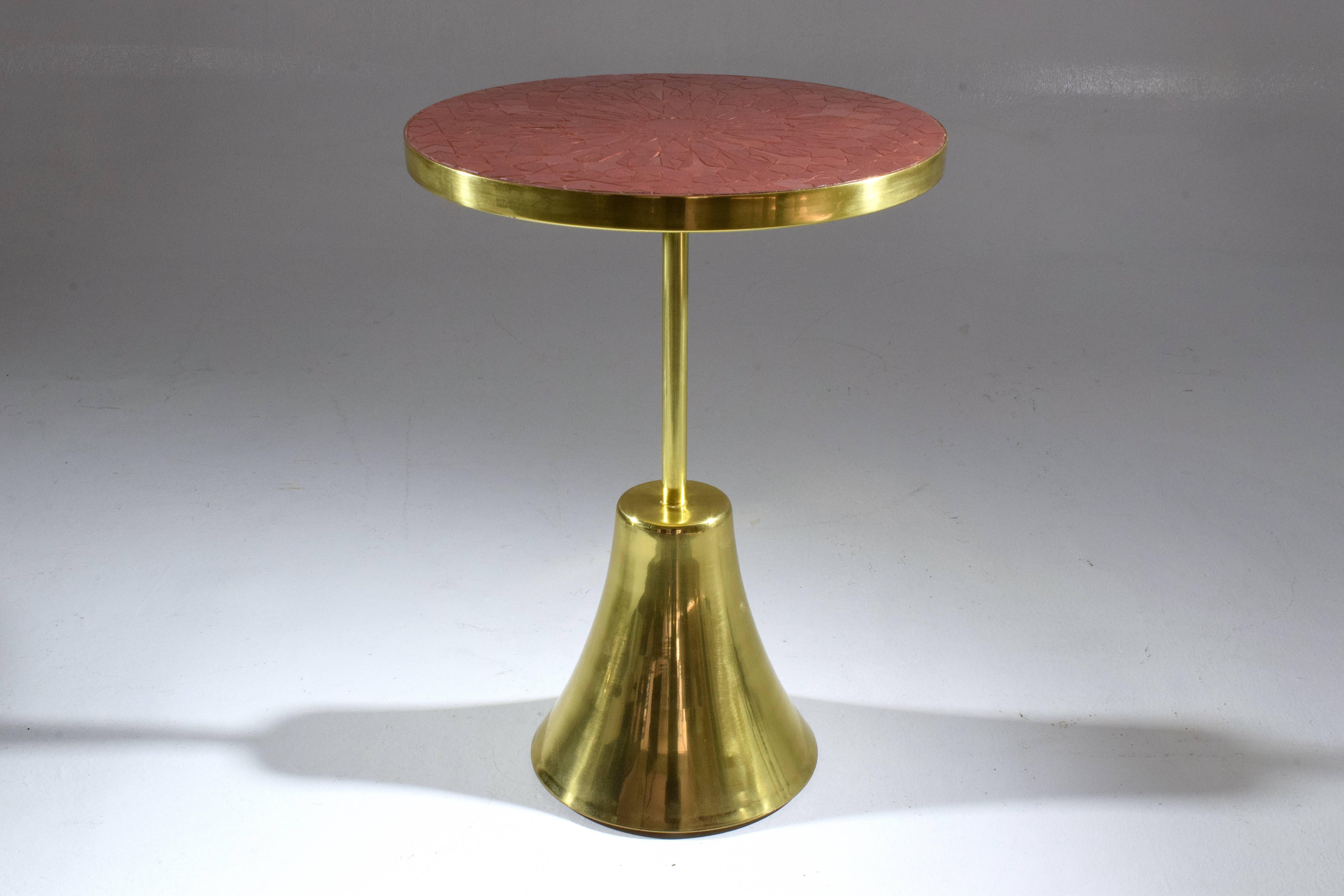 Hand-Carved Set of Three Contemporary Brass Mosaic Side Tables, Flow Collection For Sale