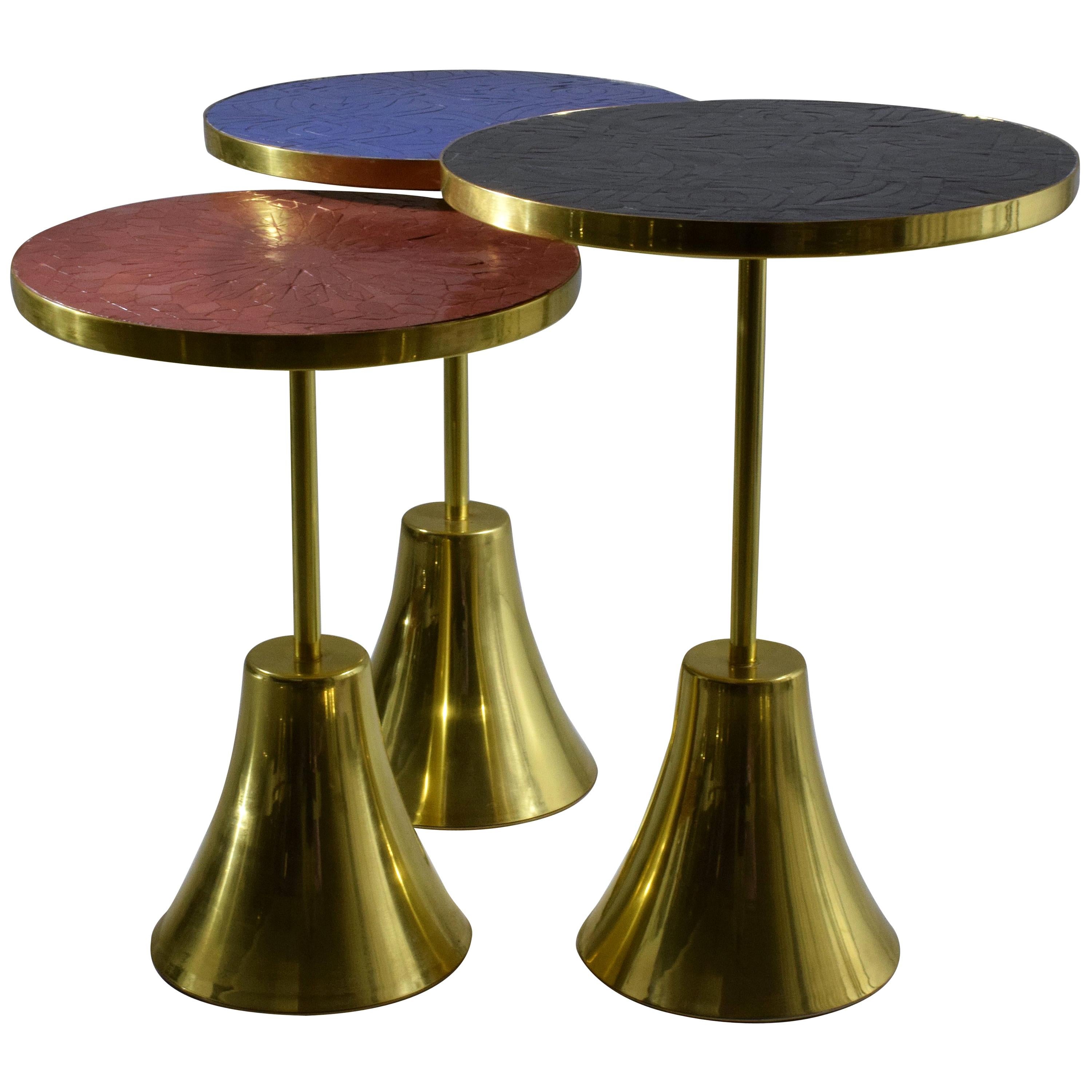 Set of Three Contemporary Brass Mosaic Side Tables, Flow Collection For Sale