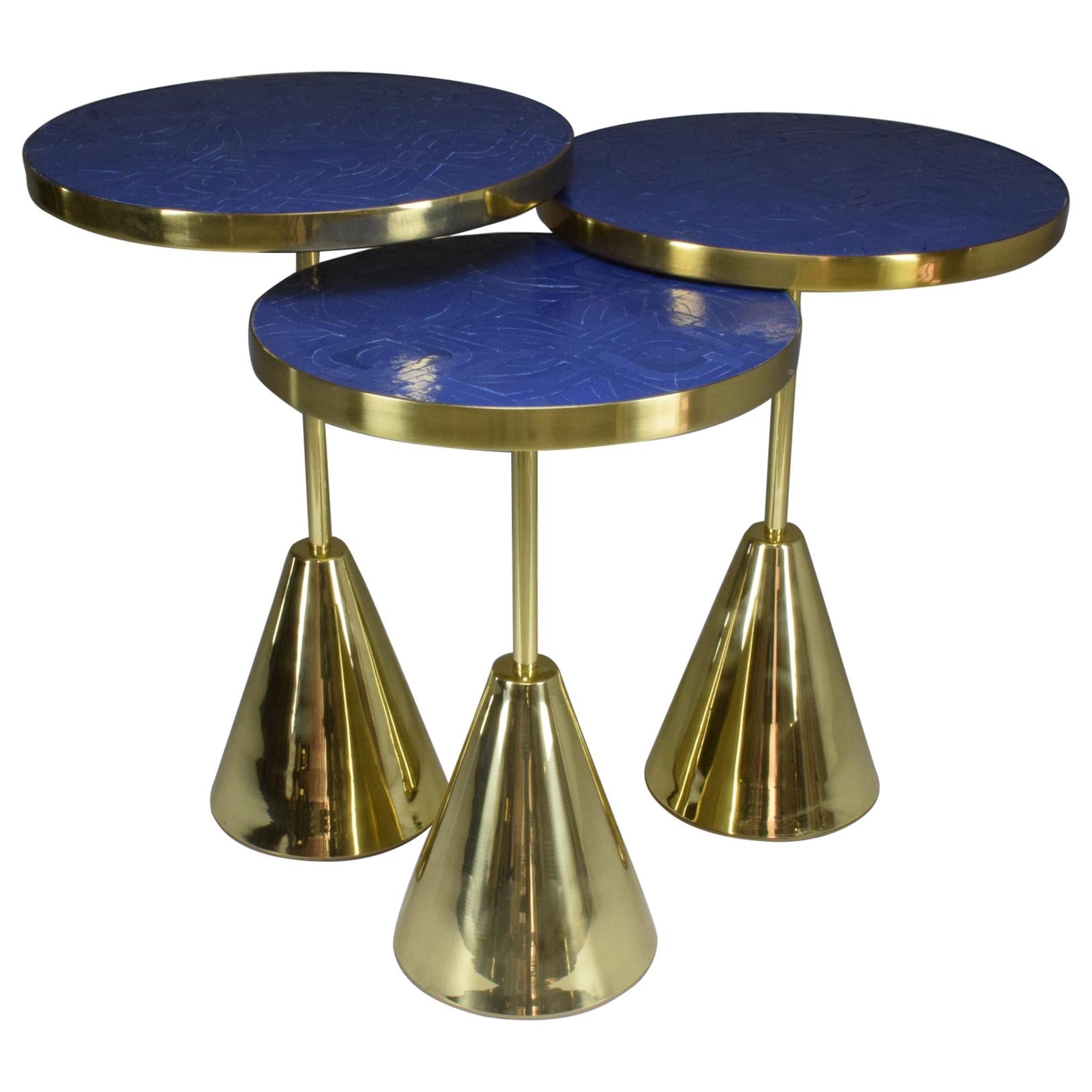 Set of Three Contemporary Brass Mosaic Side Tables, Flow Collection For Sale